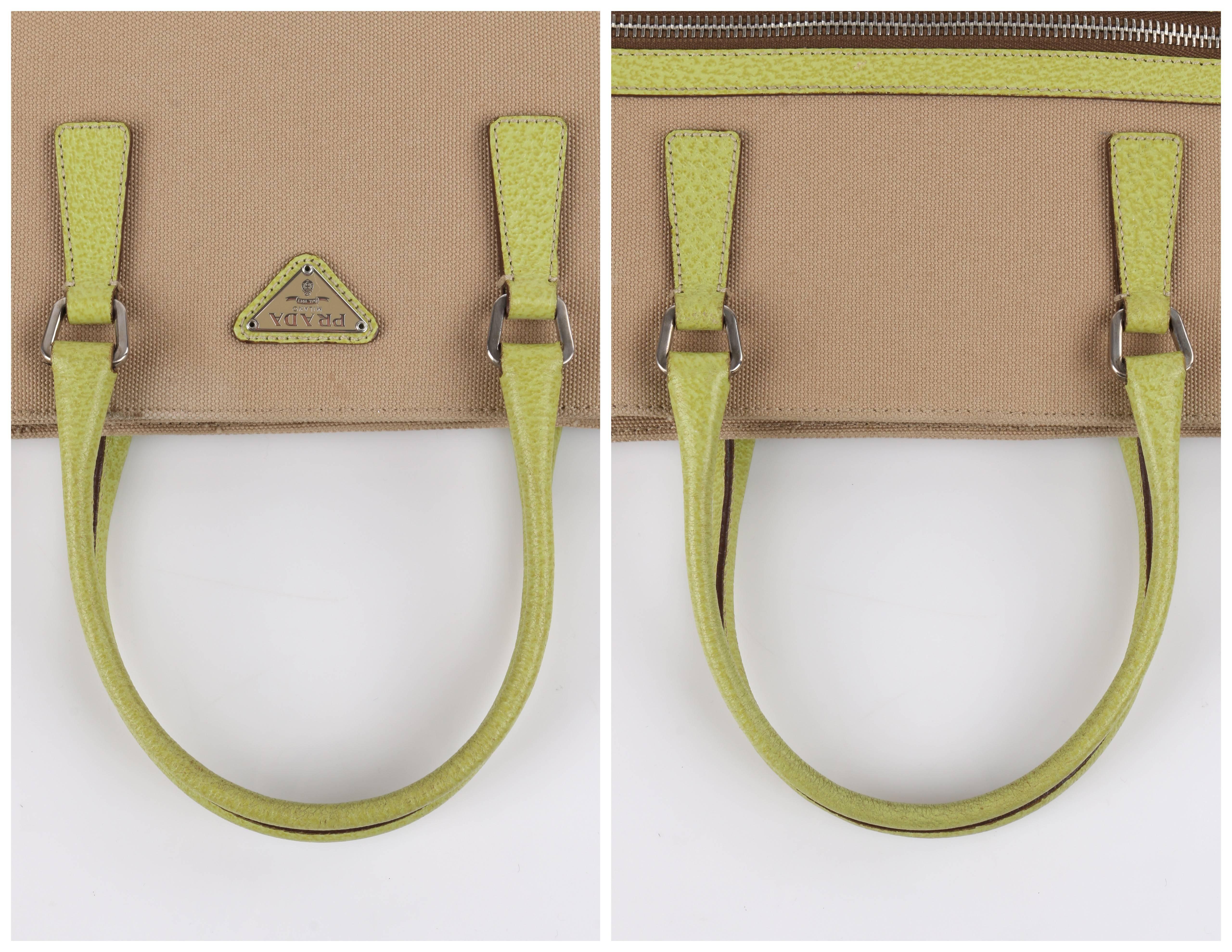 Women's PRADA Khaki Canapa Canvas & Chartreuse Green Leather Tote Bag Purse