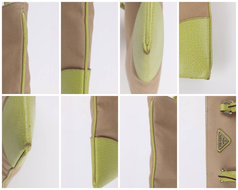 PRADA Khaki Canapa Canvas & Chartreuse Green Leather Tote Bag Purse For Sale 4