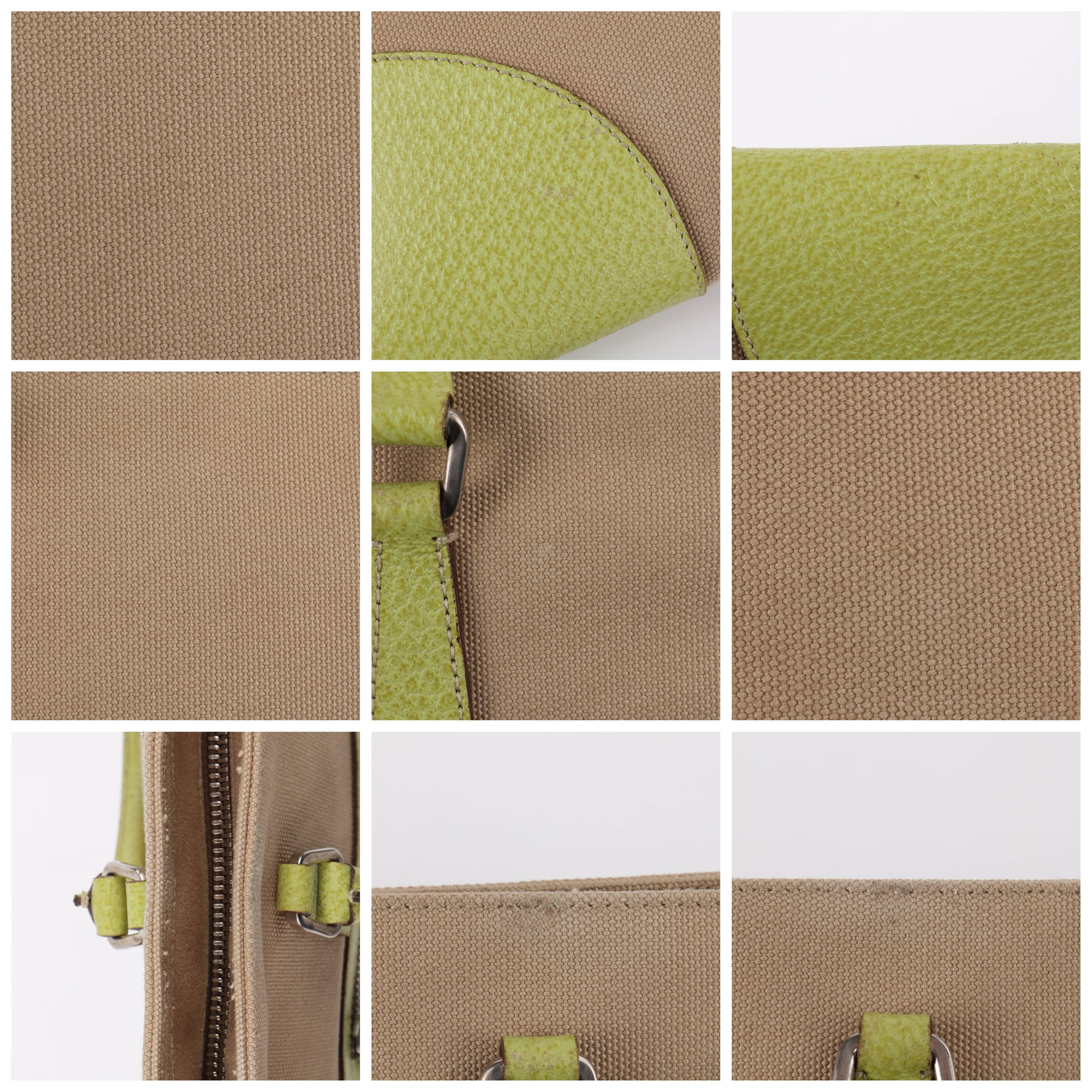 PRADA Khaki Canapa Canvas & Chartreuse Green Leather Tote Bag Purse 2