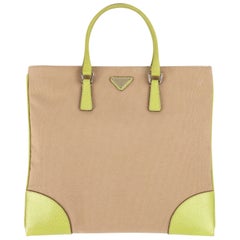 PRADA Khaki Canapa Canvas & Chartreuse Green Leather Tote Bag Purse