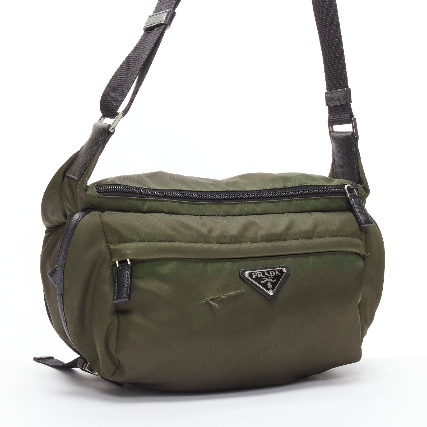 PRADA khaki green triangle logo nylon black strap crossbody bag In Fair Condition For Sale In Hong Kong, NT