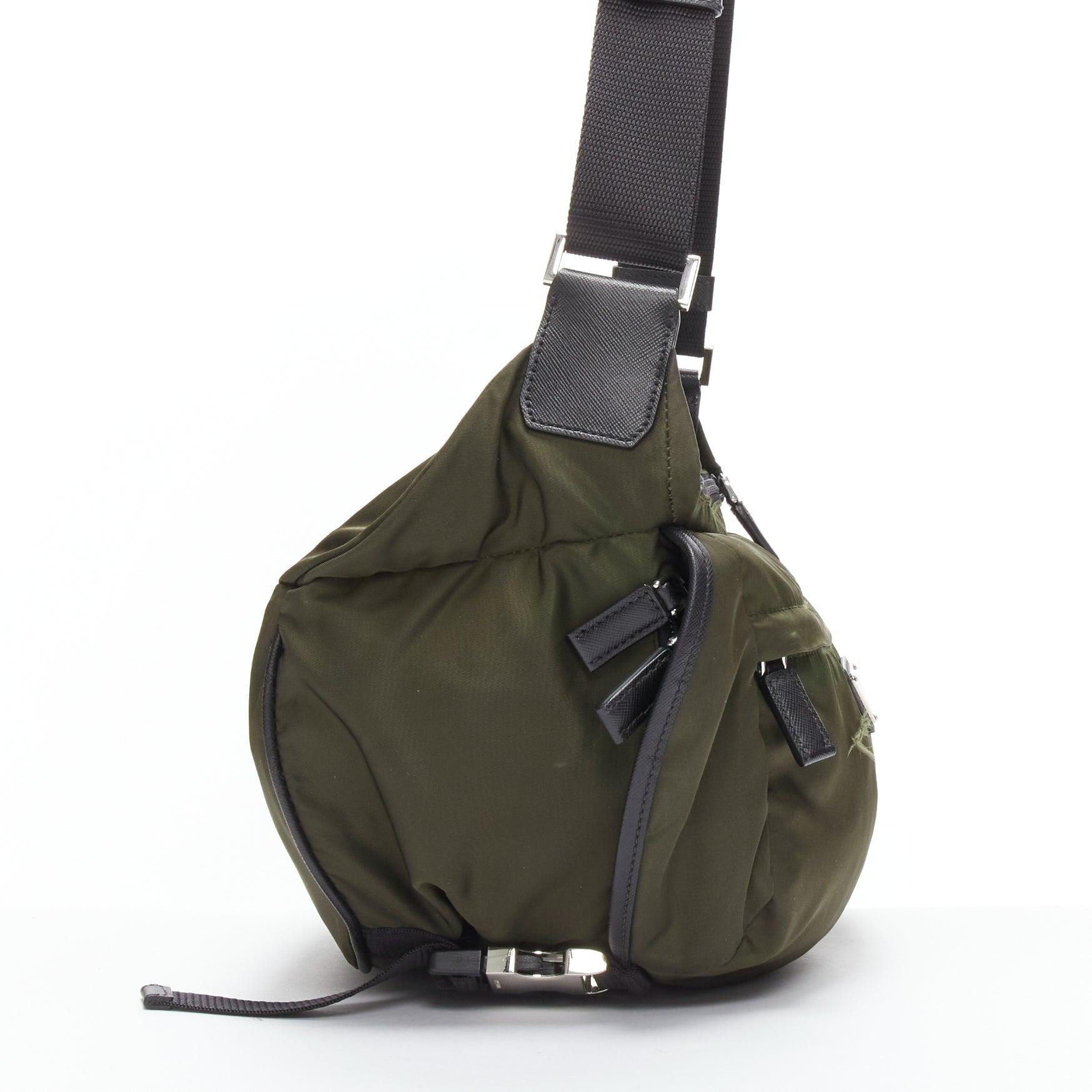 Men's PRADA khaki green triangle logo nylon black strap crossbody bag For Sale