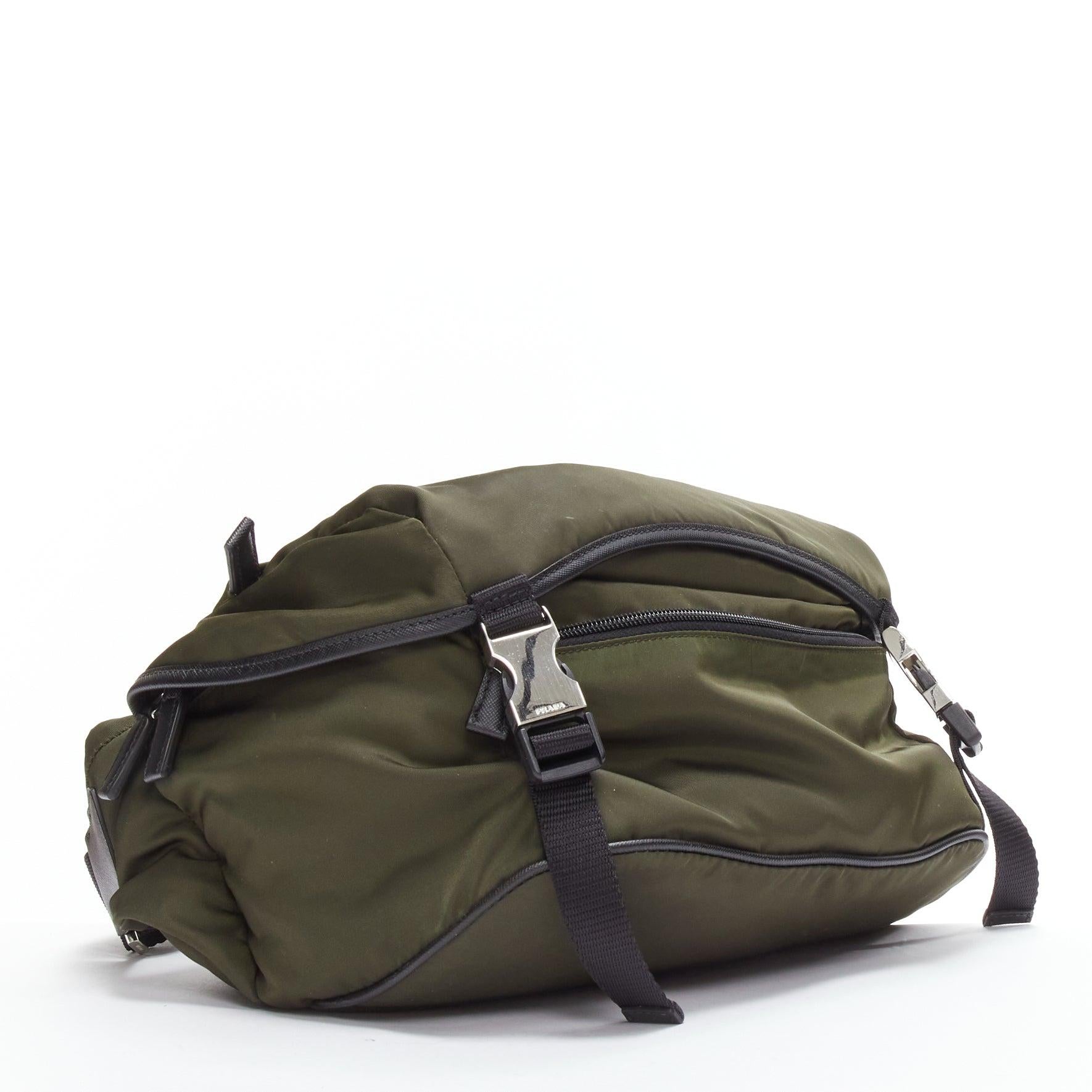 PRADA khaki green triangle logo nylon black strap crossbody bag For Sale 2