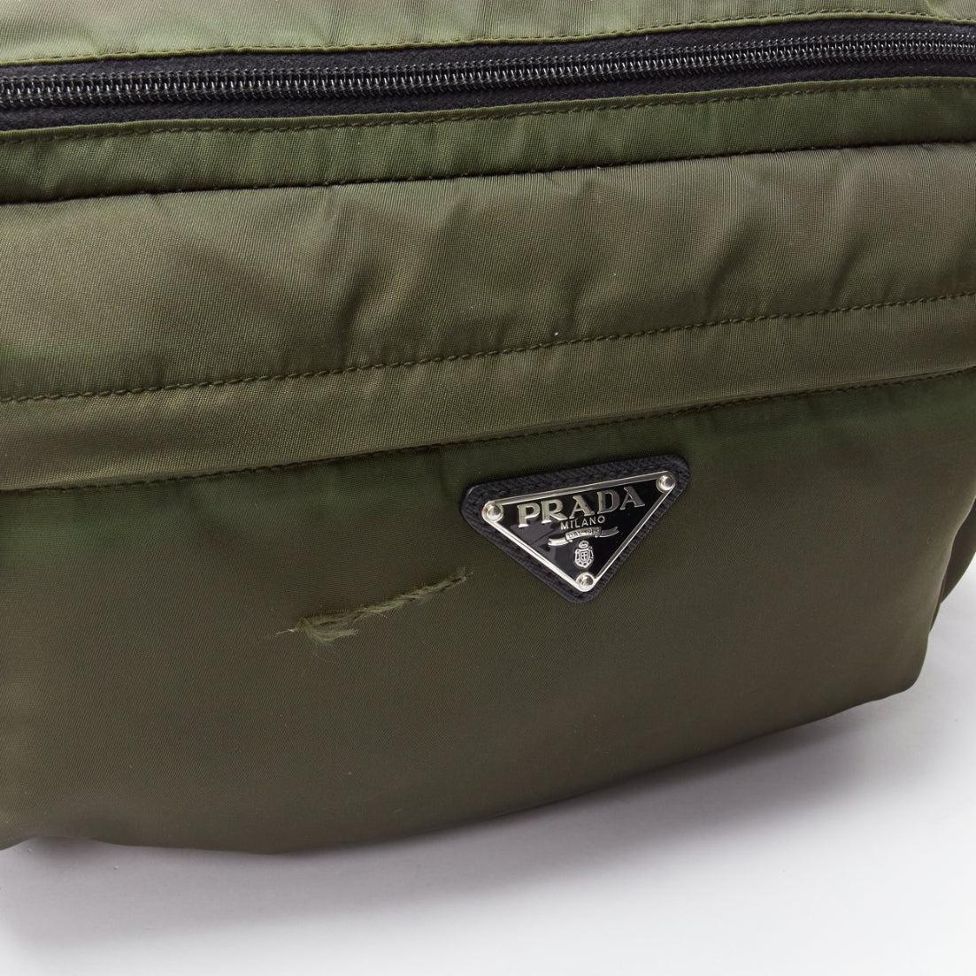 PRADA khaki green triangle logo nylon black strap crossbody bag For Sale 3