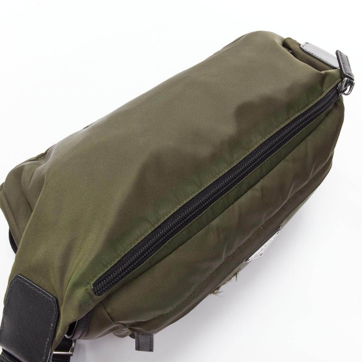 PRADA khaki green triangle logo nylon black strap crossbody bag For Sale 4