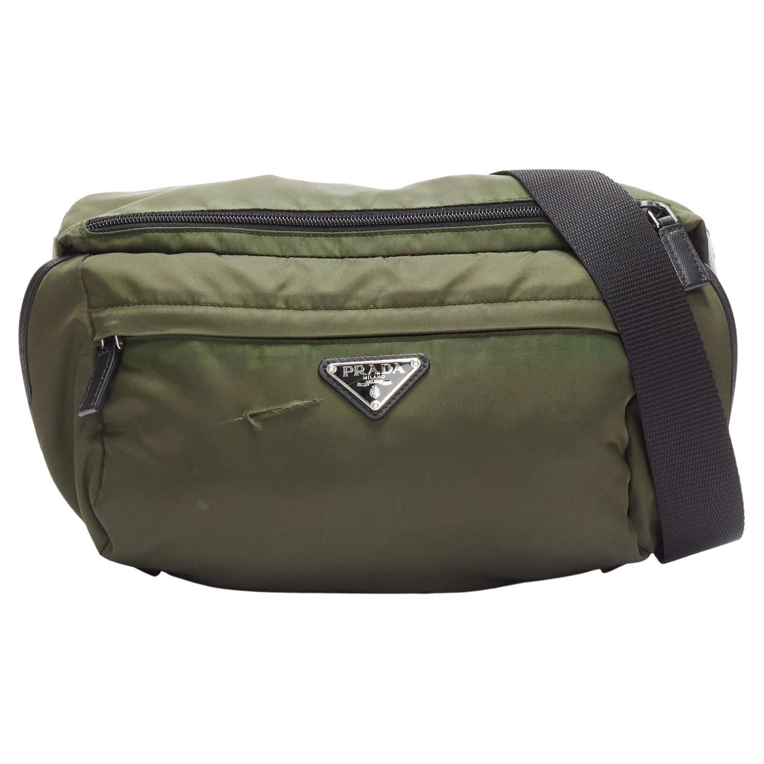 PRADA khaki green triangle logo nylon black strap crossbody bag For Sale