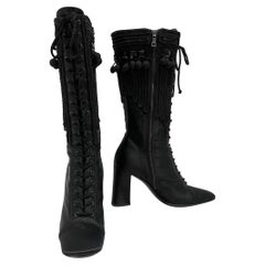 Prada Lace Up Tassel Satin Boot