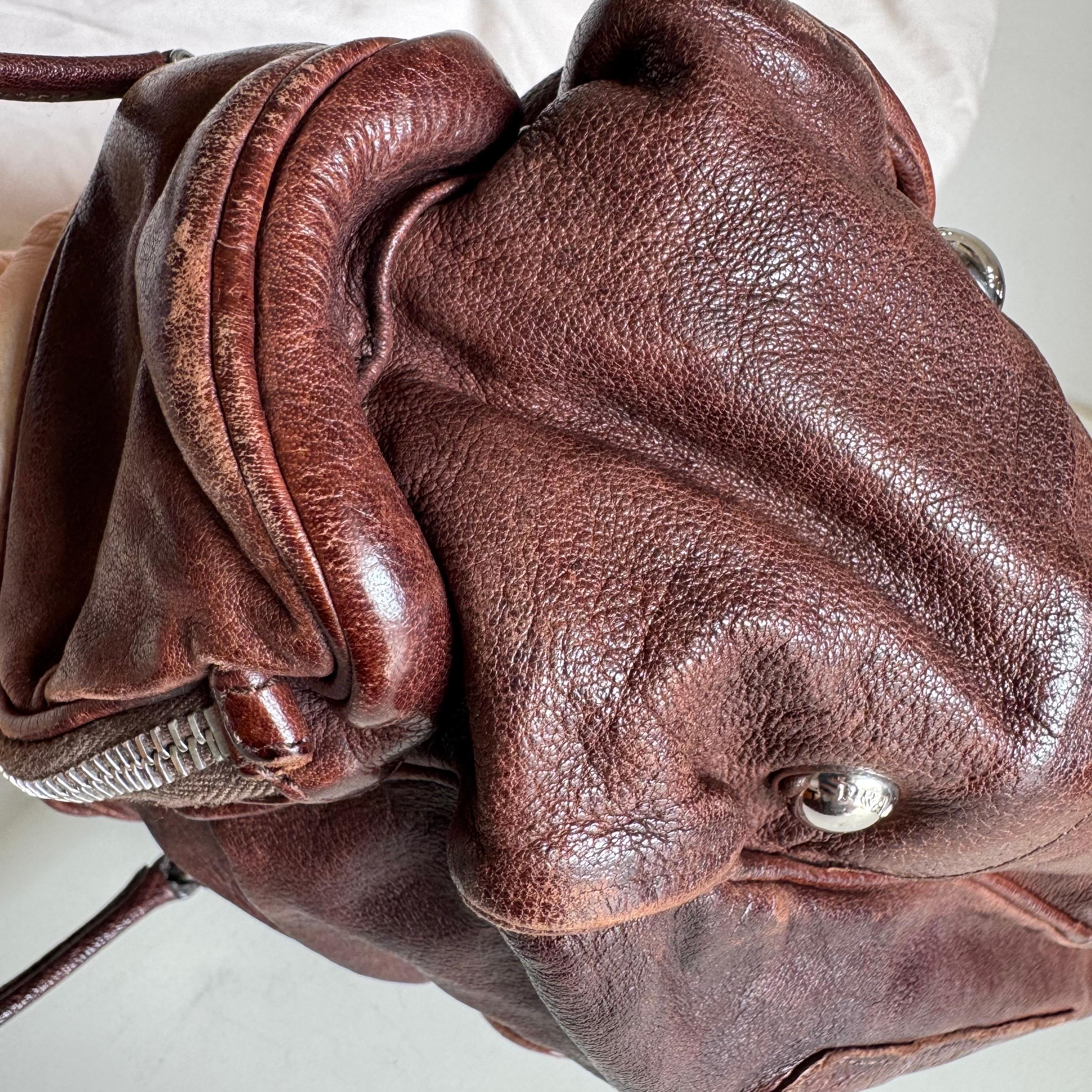 Prada Large Brown Washed Top Handle Bauletto Bag Calfksin Leather en vente 7