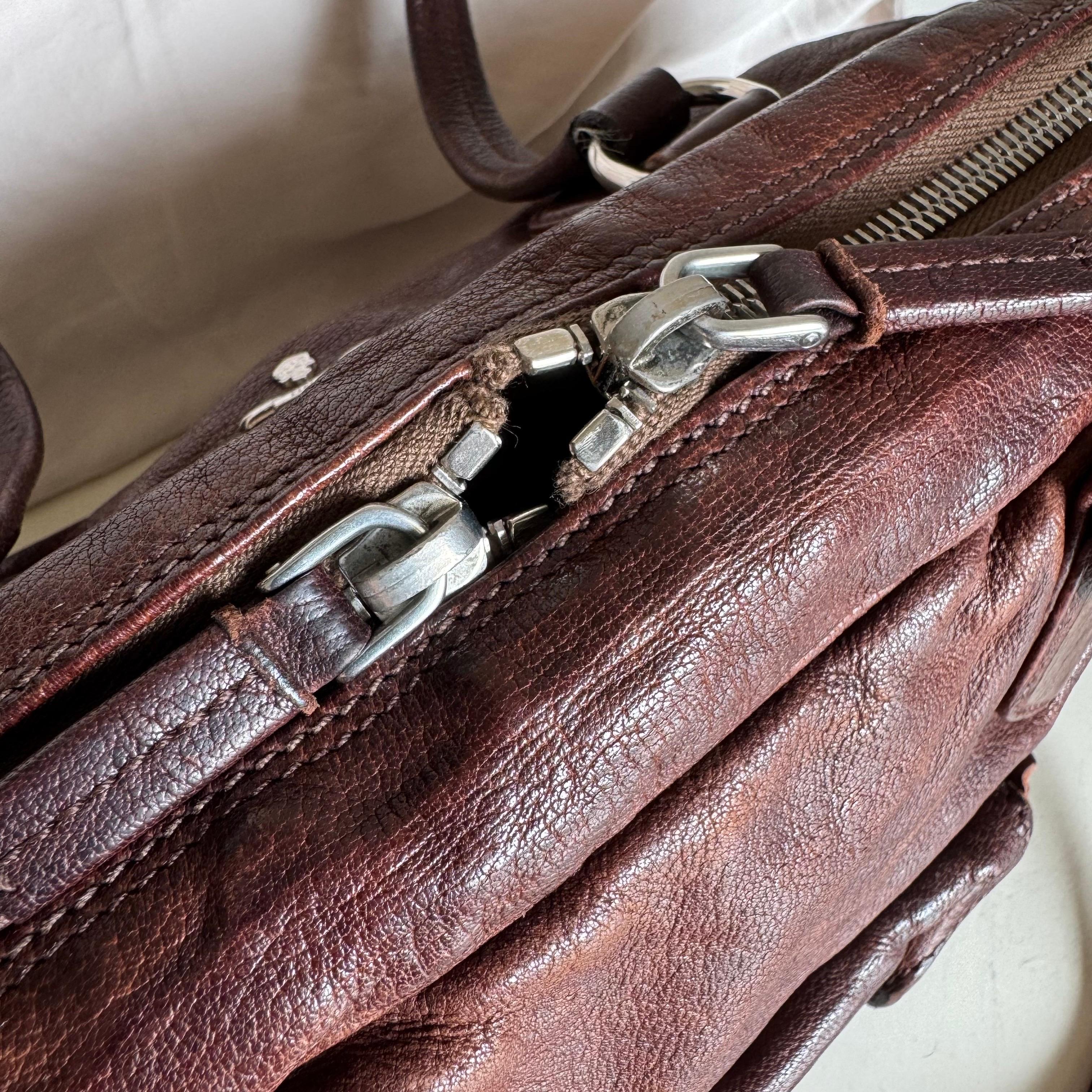 Prada Large Brown Washed Top Handle Bauletto Bag Calfksin Leather en vente 11