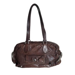 Prada Large Brown Washed Top Handle Bauletto Bag Calfksin Leder