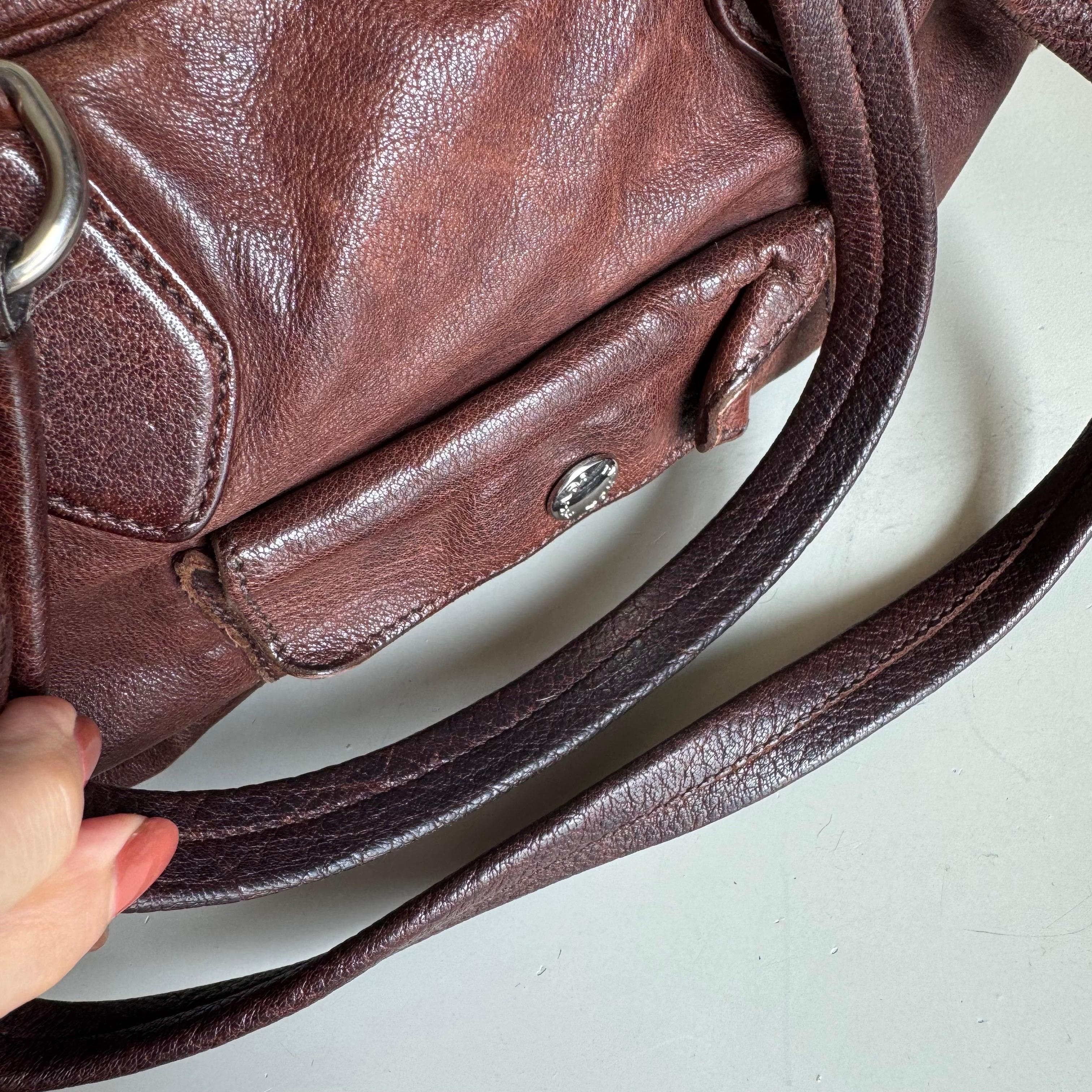 Prada Large Brown Washed Top Handle Bauletto Bag Calfksin Leather en vente 15