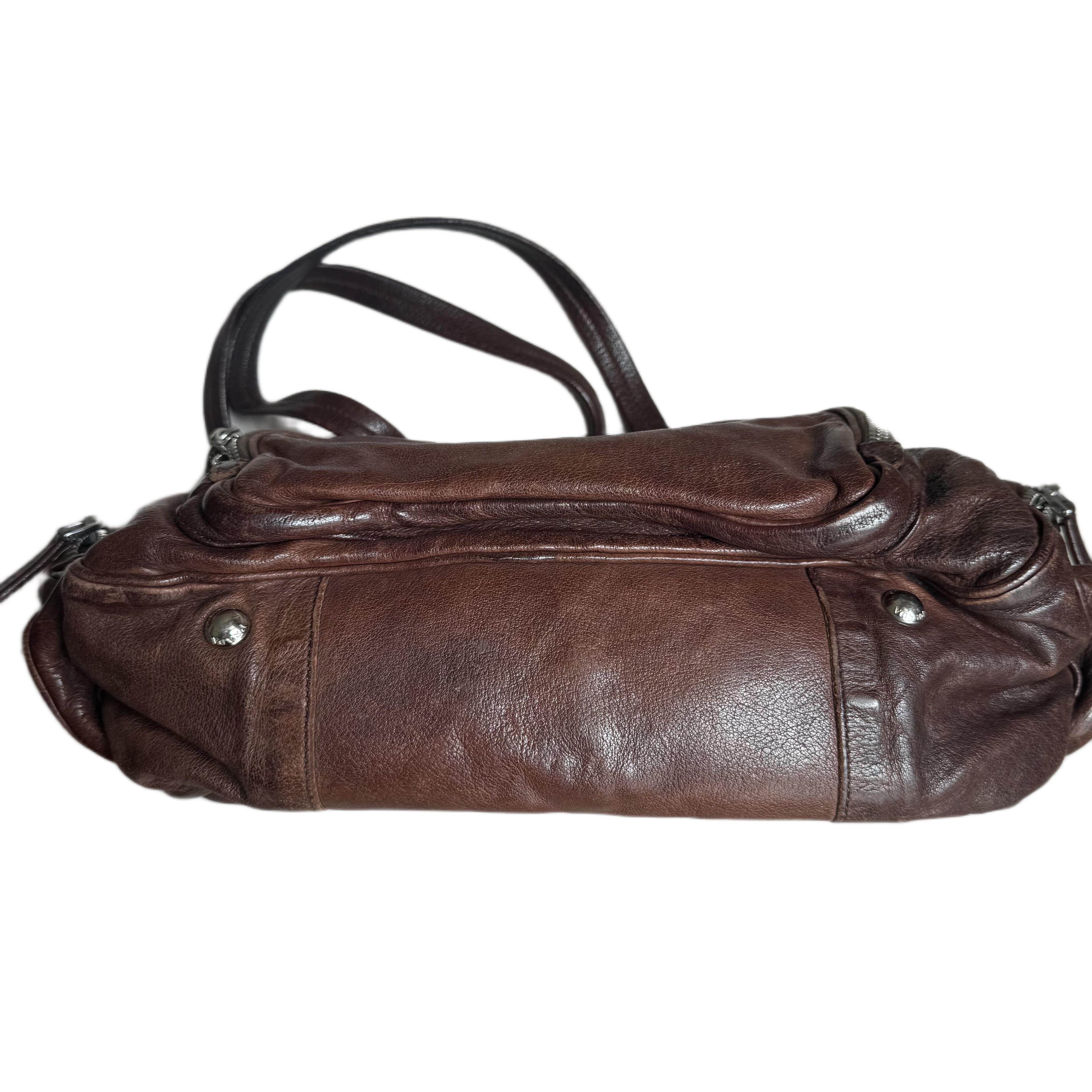 Prada Large Brown Washed Top Handle Bauletto Bag Calfksin Leather en vente 1