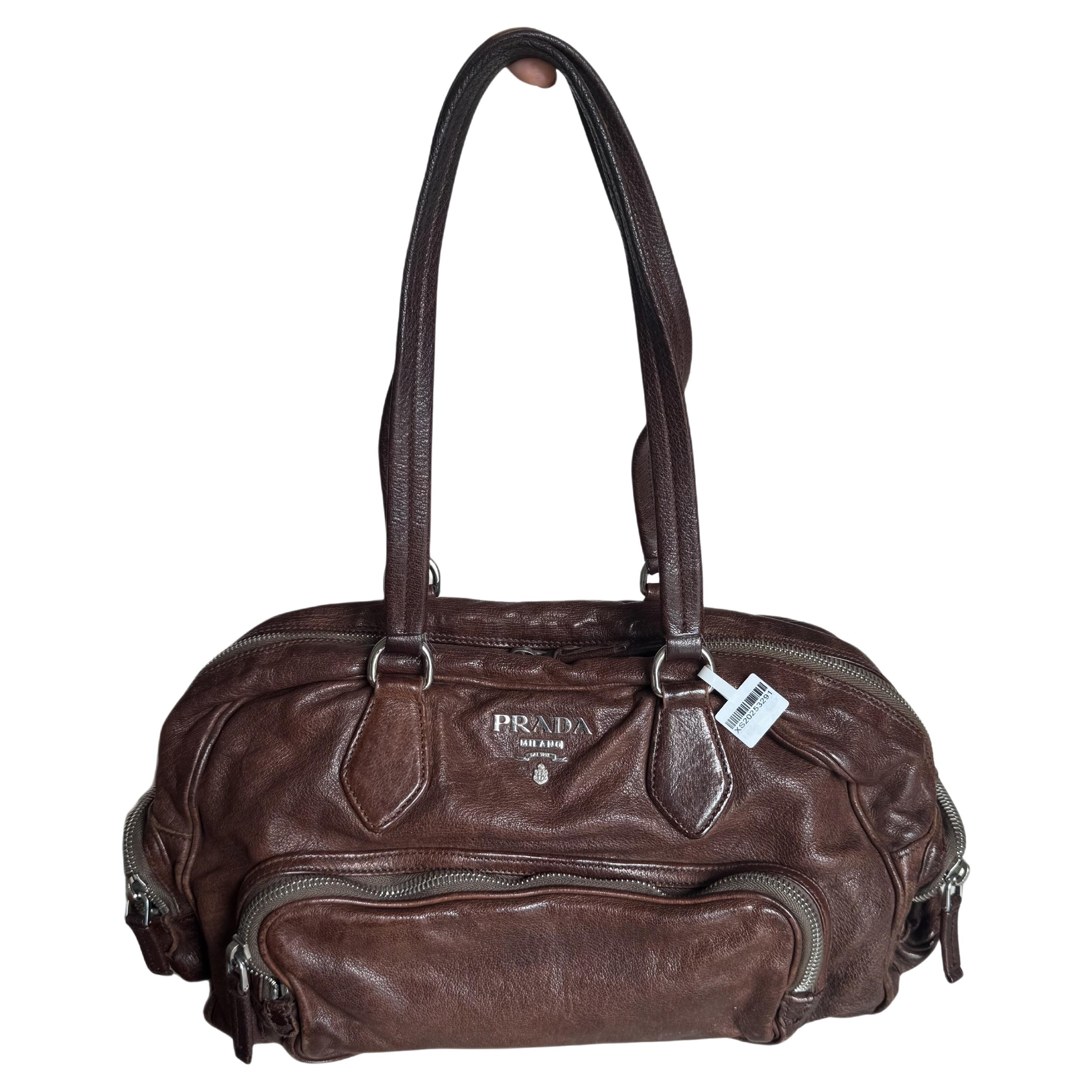 Prada Large Brown Washed Top Handle Bauletto Bag Calfksin Leather