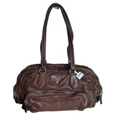 Prada Large Brown Washed Top Handle Bauletto Bag Calfksin Leather