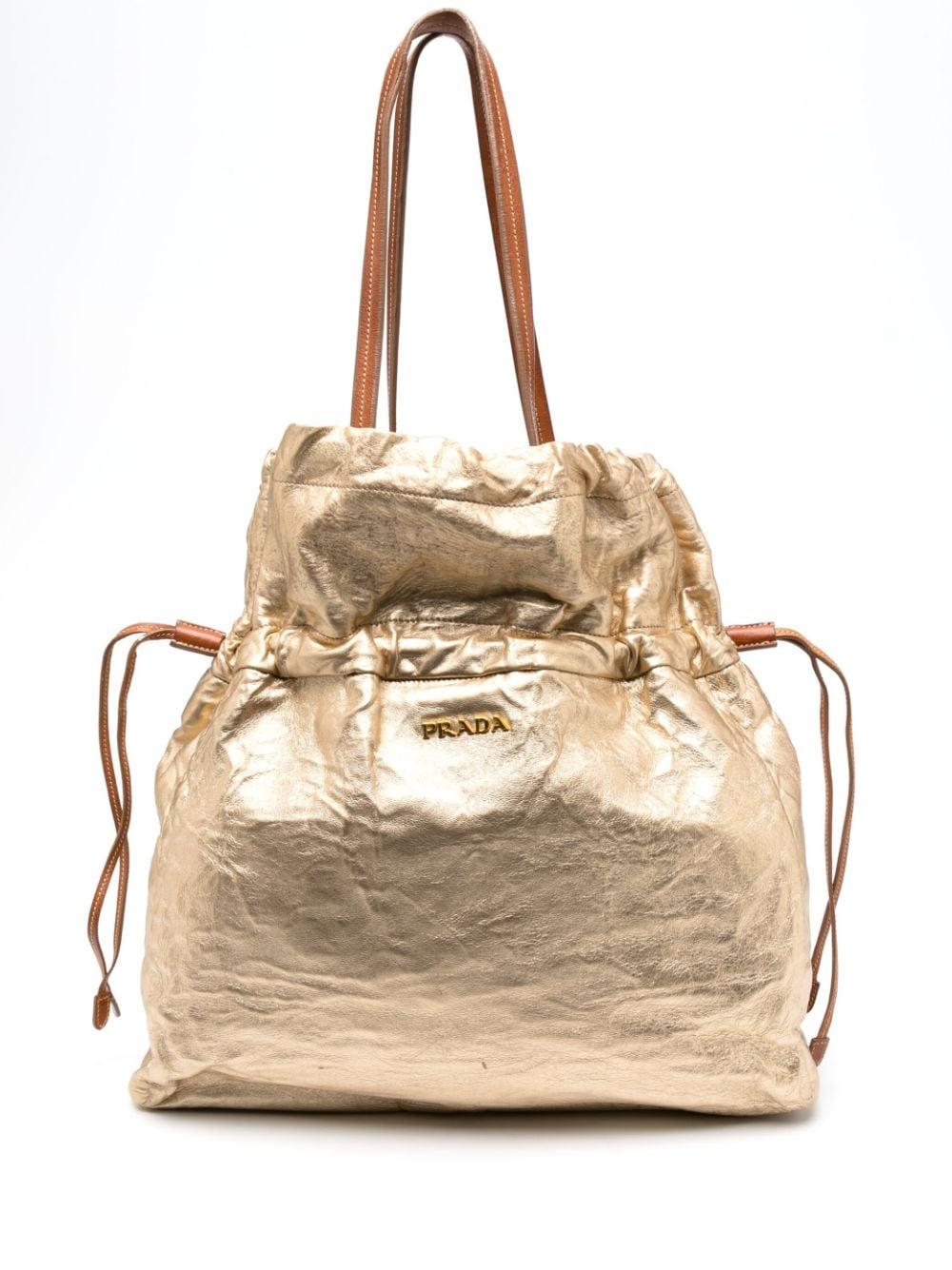 Prada Large Gold Tone Leather Tote Bag In Good Condition In Paris, FR