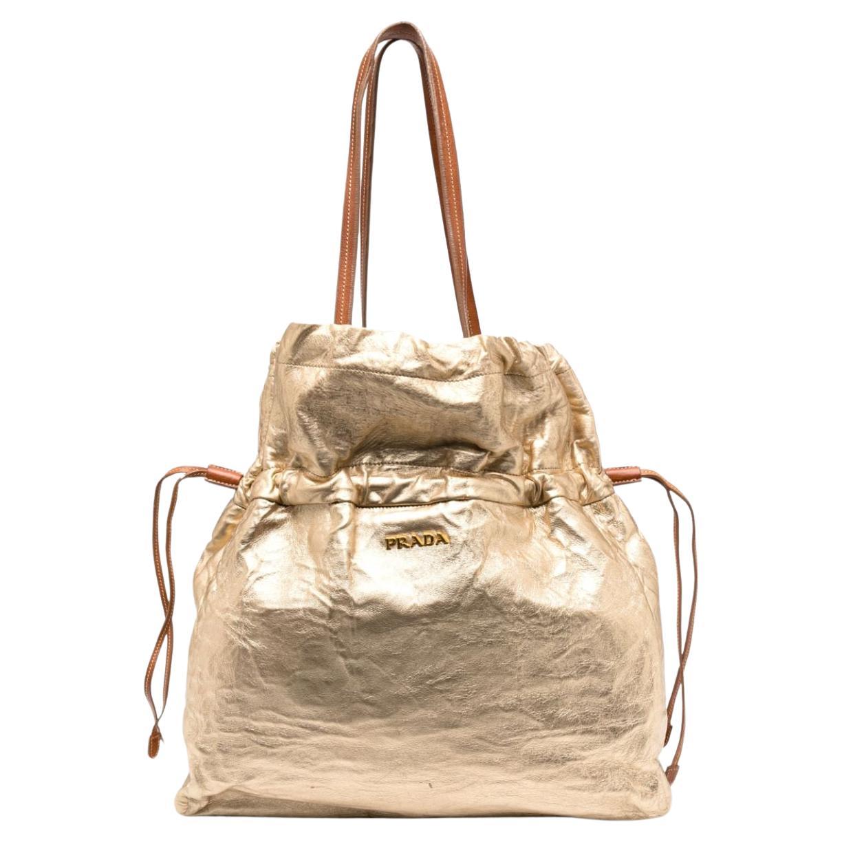 Prada Large Gold Tone Leather Tote Bag
