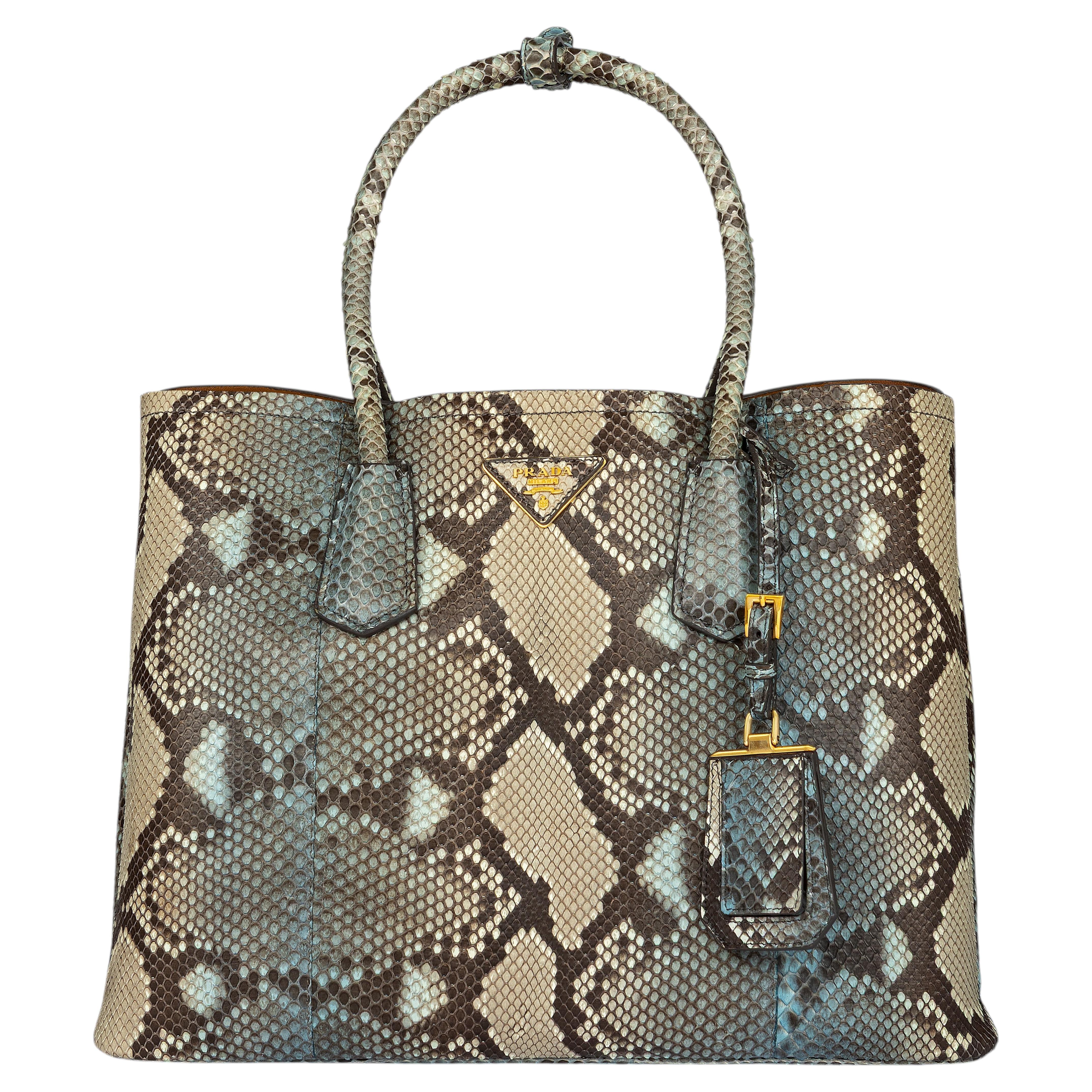 Pre-owned Prada Large Roccia Python Leather Tote Bag In Gray