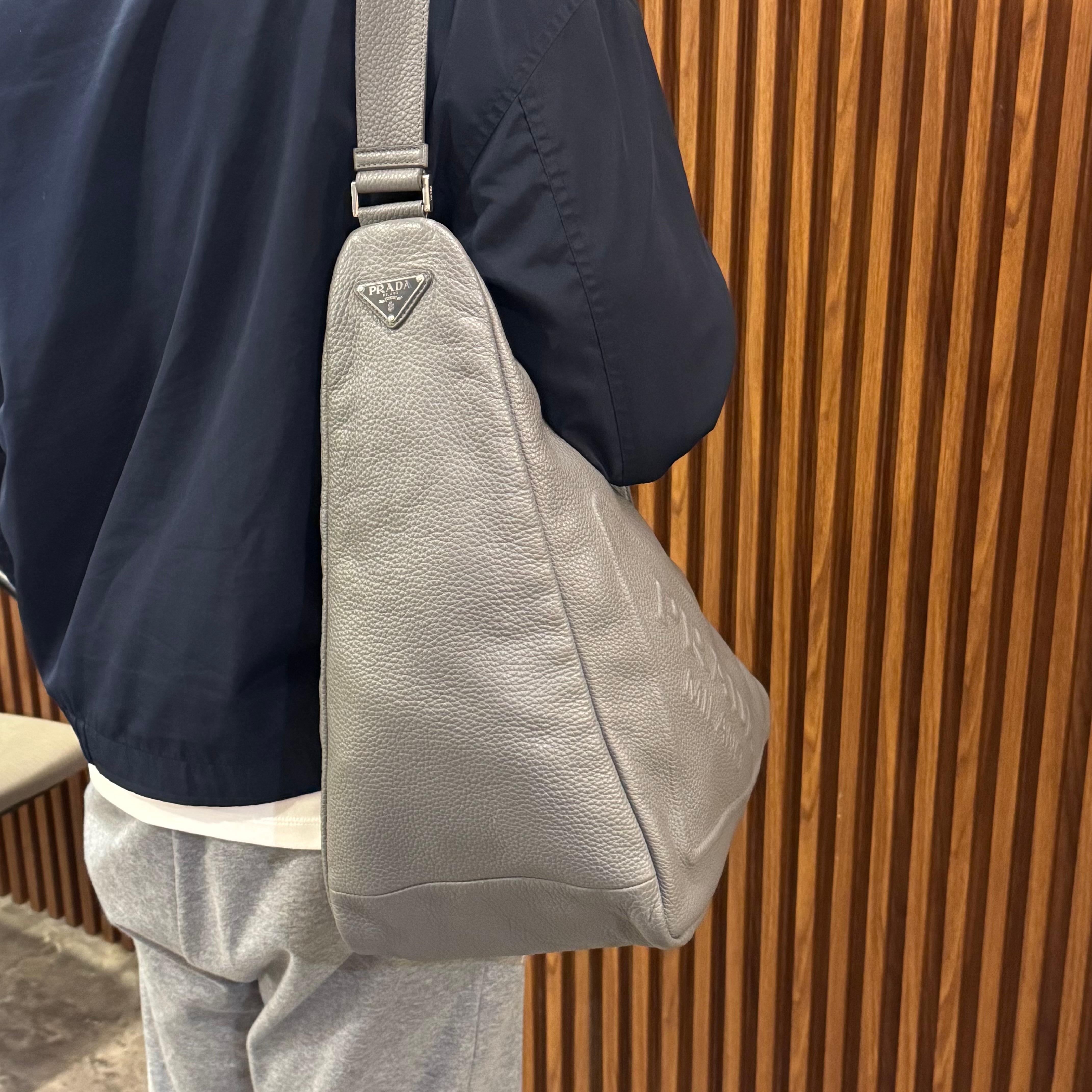 Prada Large Vitello Daino Grey Leather Triangle Bag For Sale 12