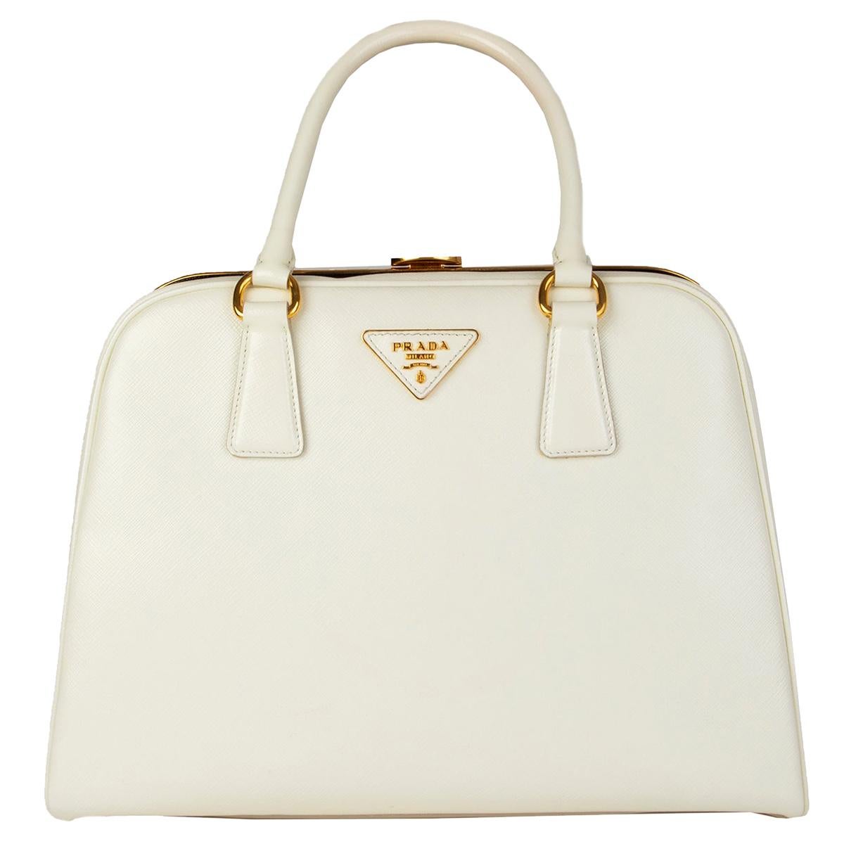 PRADA Larice white Saffiano Vernic leather BL808F Top Handle Bag