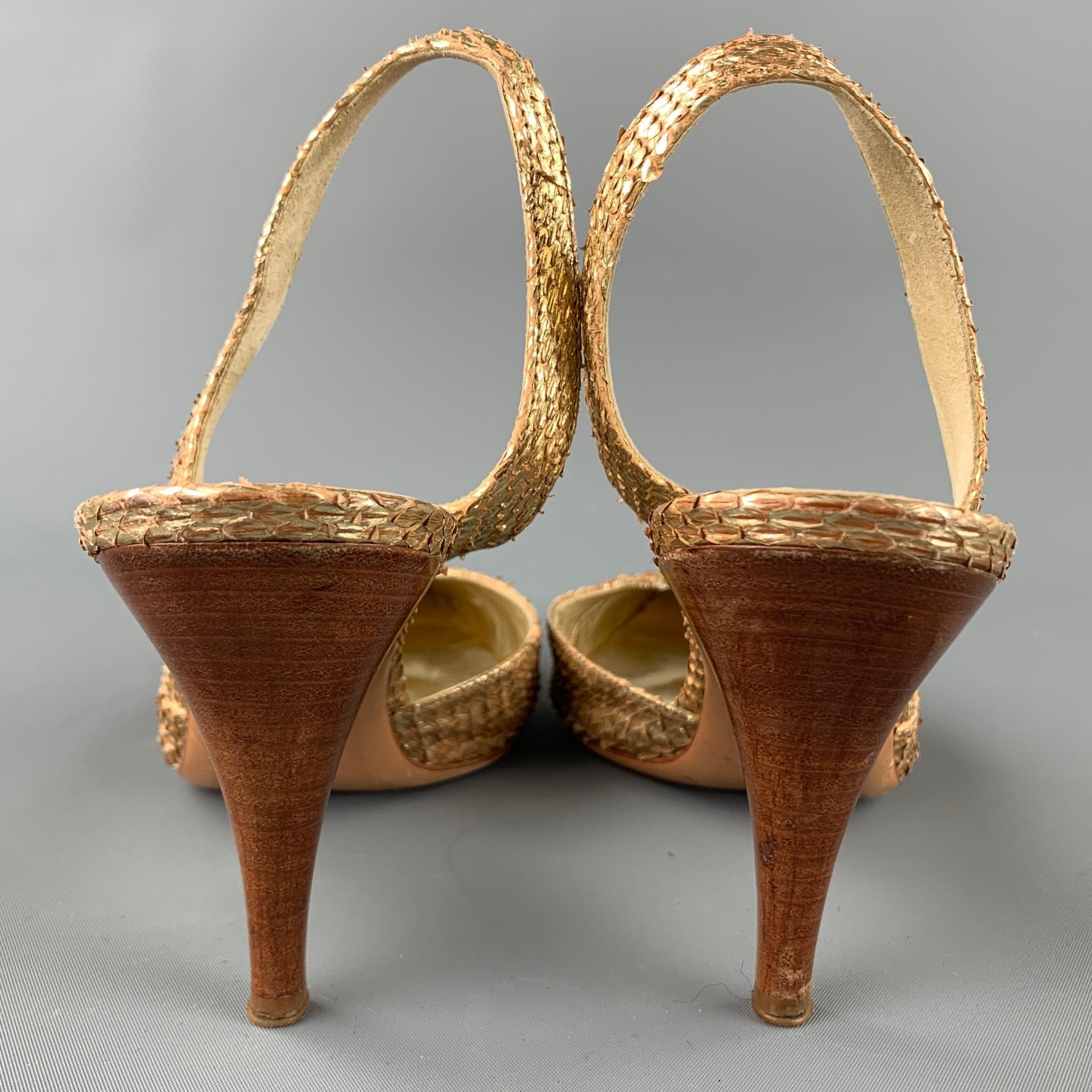 Brown PRADA Lauren Size 9.5 Gold & Cognac Alligator Slingback Sandals