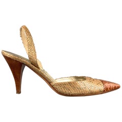 PRADA Lauren Size 9.5 Gold & Cognac Alligator Slingback Sandals