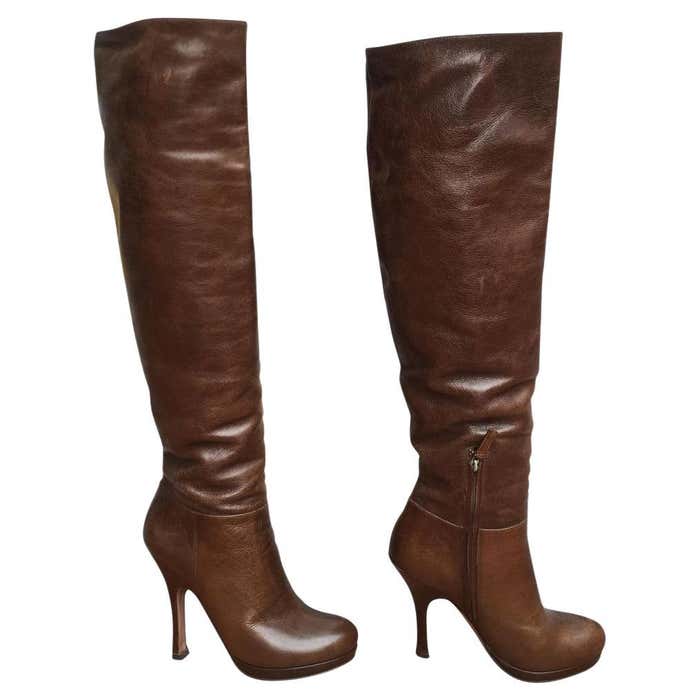 Prada Leather Boots in Brown For Sale at 1stDibs | brown high heel ...