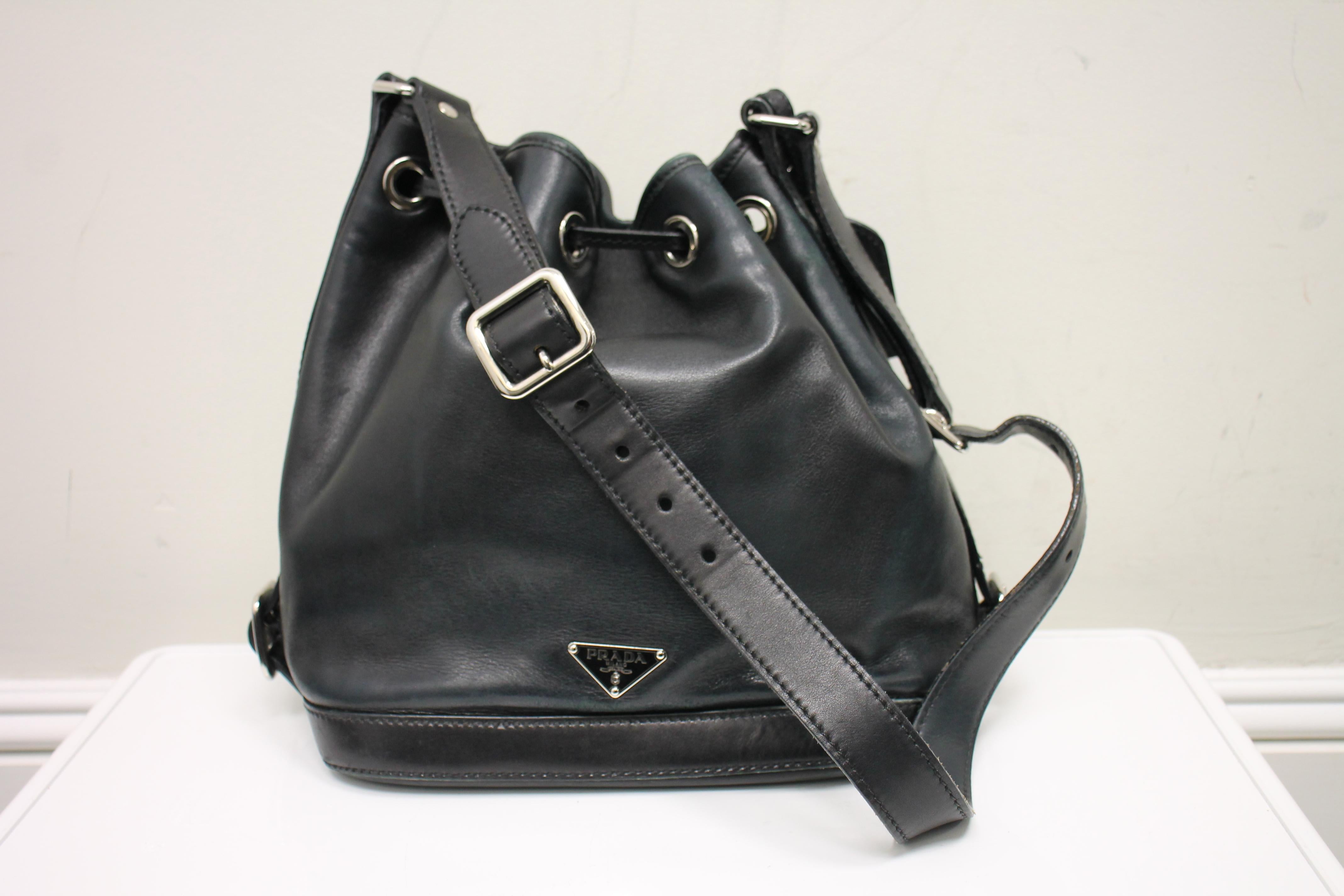 Black Prada Leather Bucket Bag For Sale