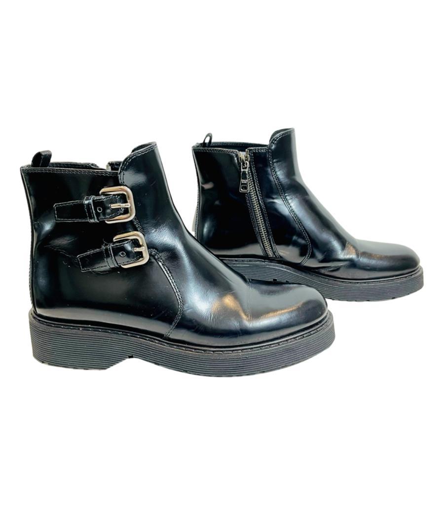 Black Prada Leather Buckle Detailed Combat Boots For Sale