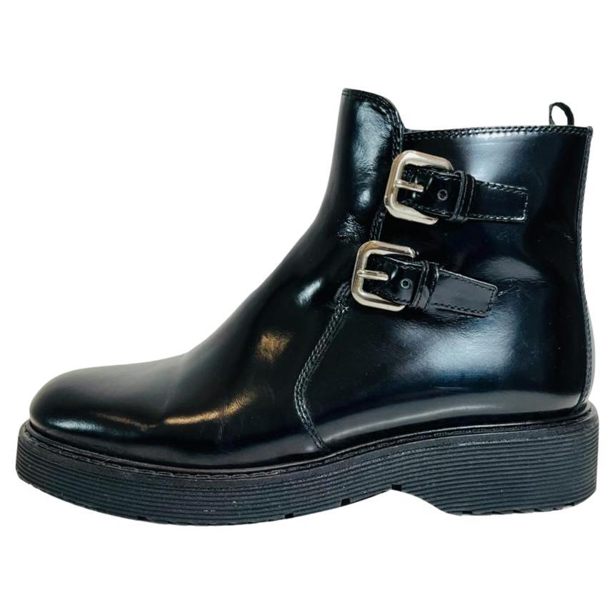 Prada Leather Buckle Detailed Combat Boots For Sale