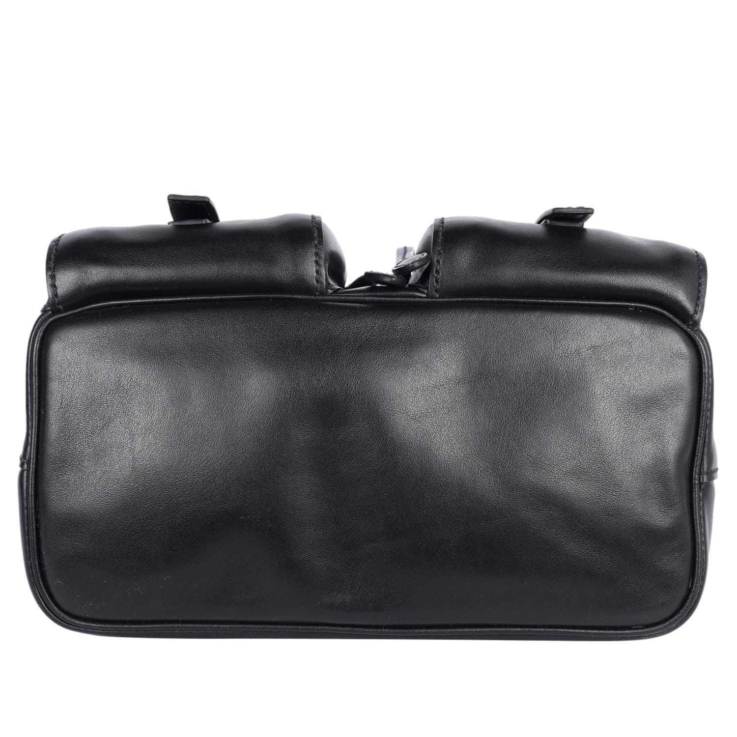 PRADA Leather Double Pocket Drawstring Shoulder Bag Black For Sale 6
