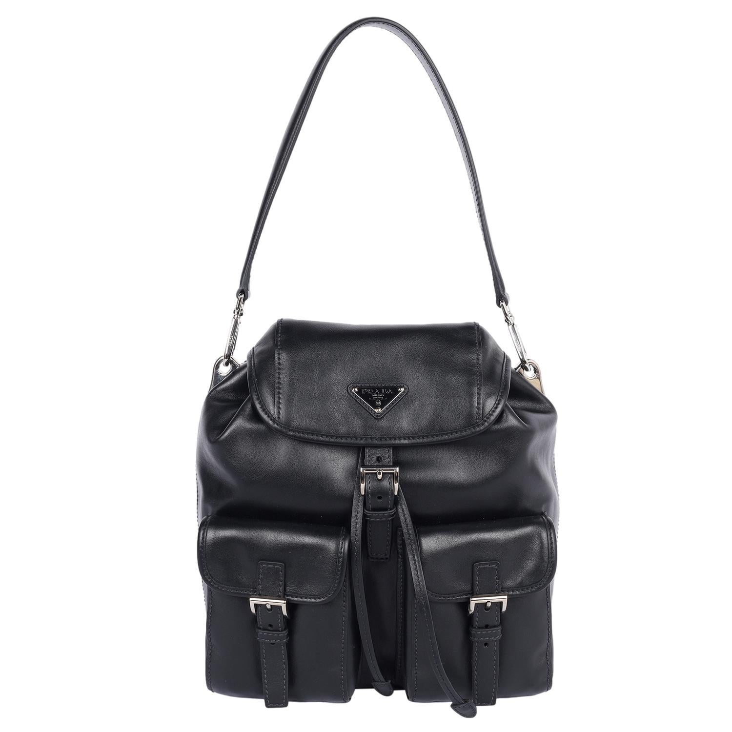 PRADA Leather Double Pocket Drawstring Shoulder Bag Black In Excellent Condition For Sale In Salt Lake Cty, UT