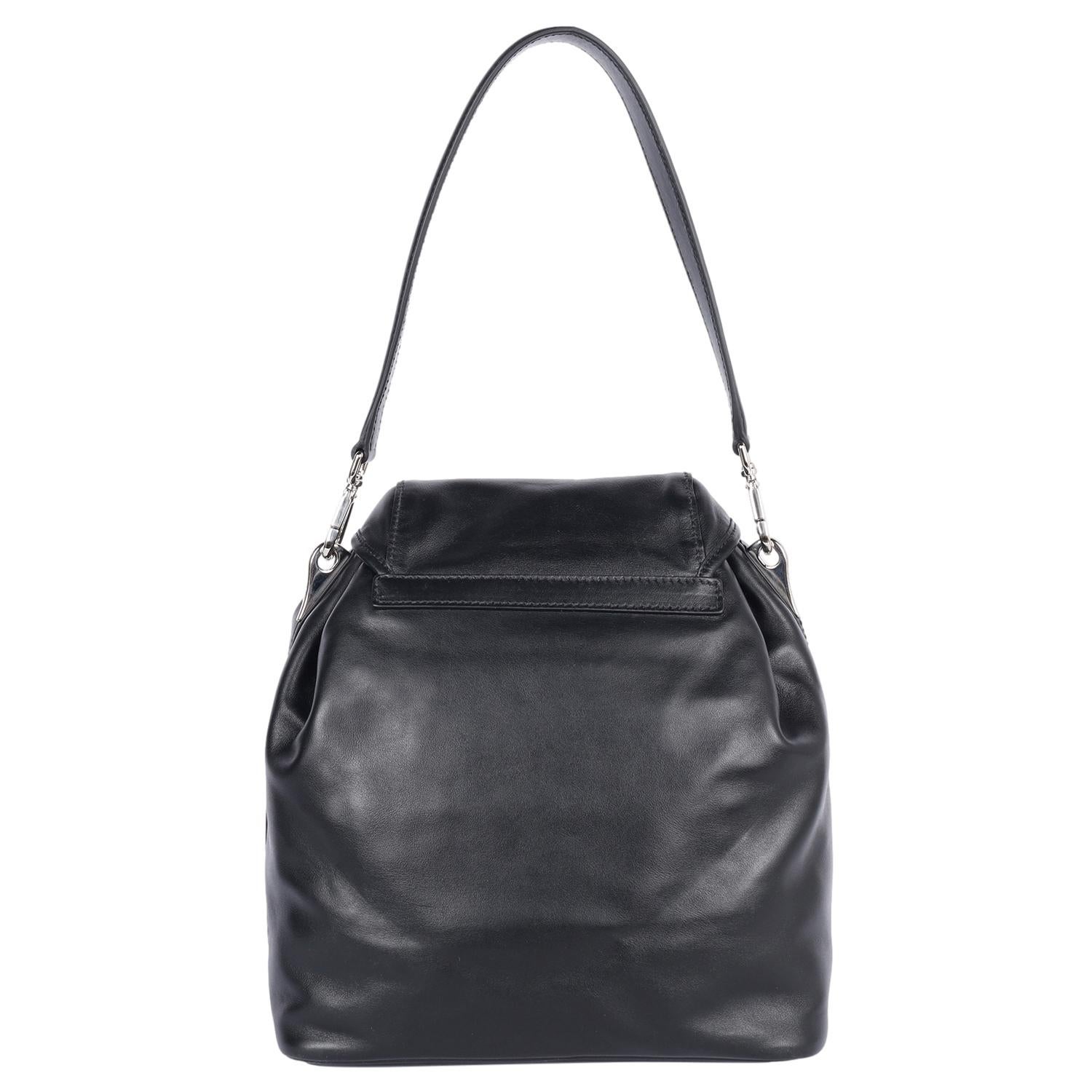 Women's or Men's PRADA Leather Double Pocket Drawstring Shoulder Bag Black For Sale
