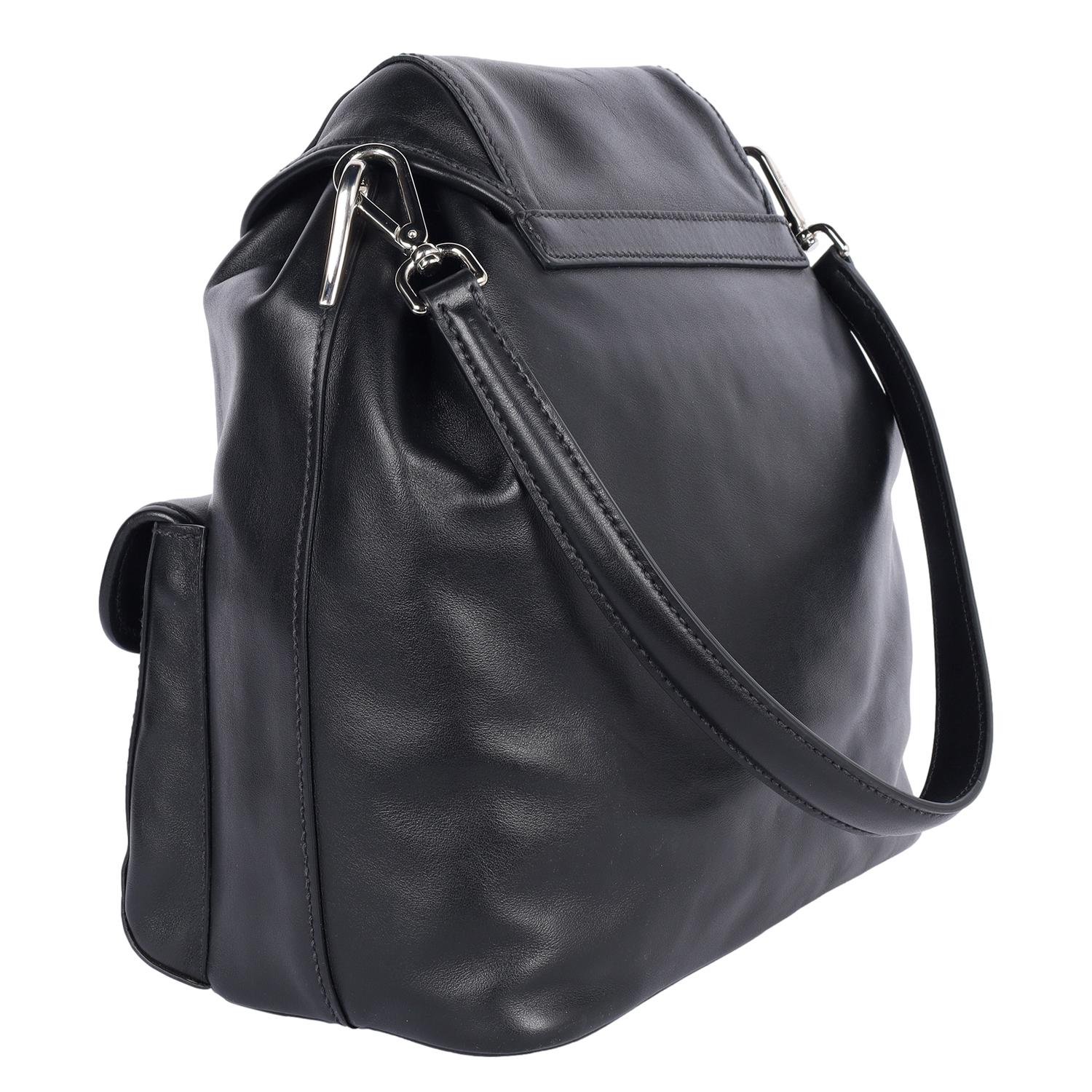 PRADA Leather Double Pocket Drawstring Shoulder Bag Black For Sale 1