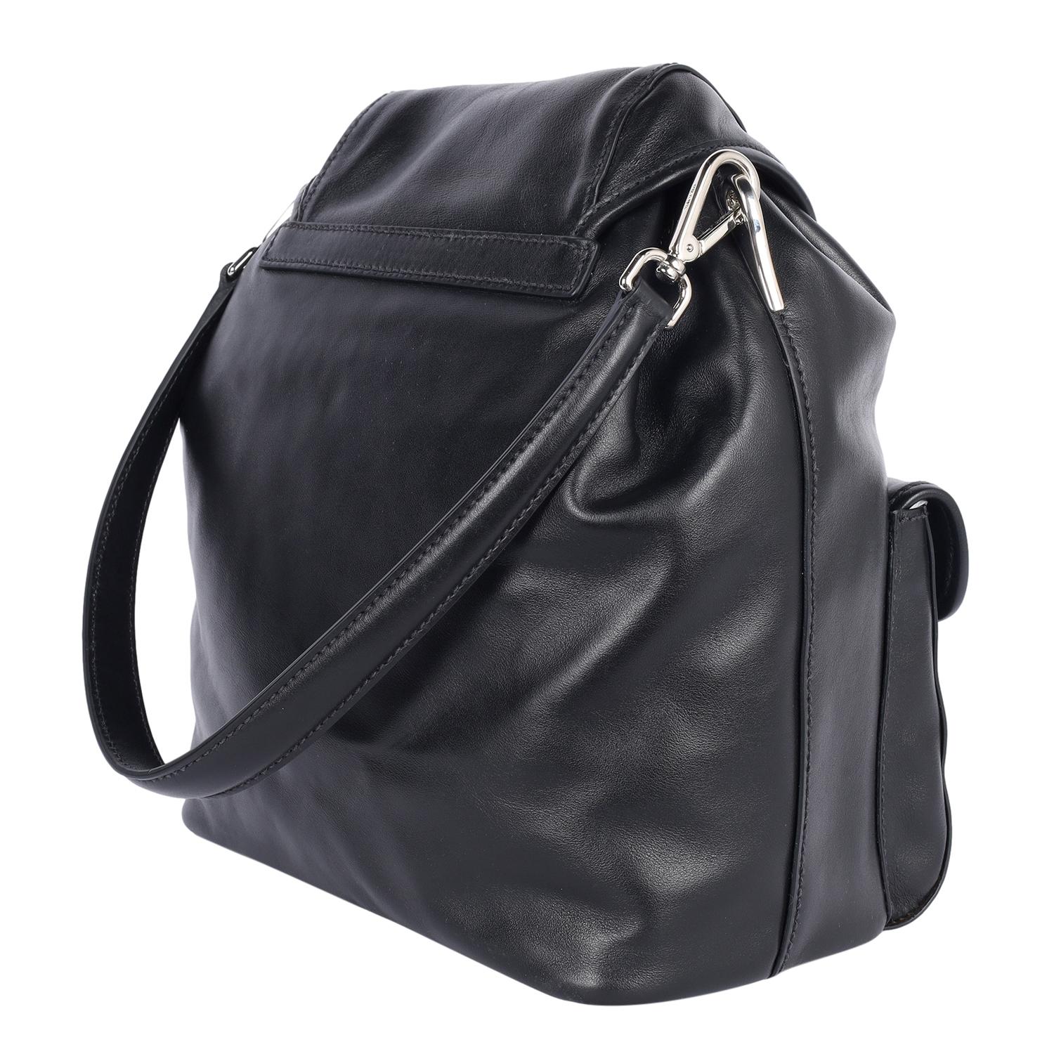 PRADA Leather Double Pocket Drawstring Shoulder Bag Black For Sale 2