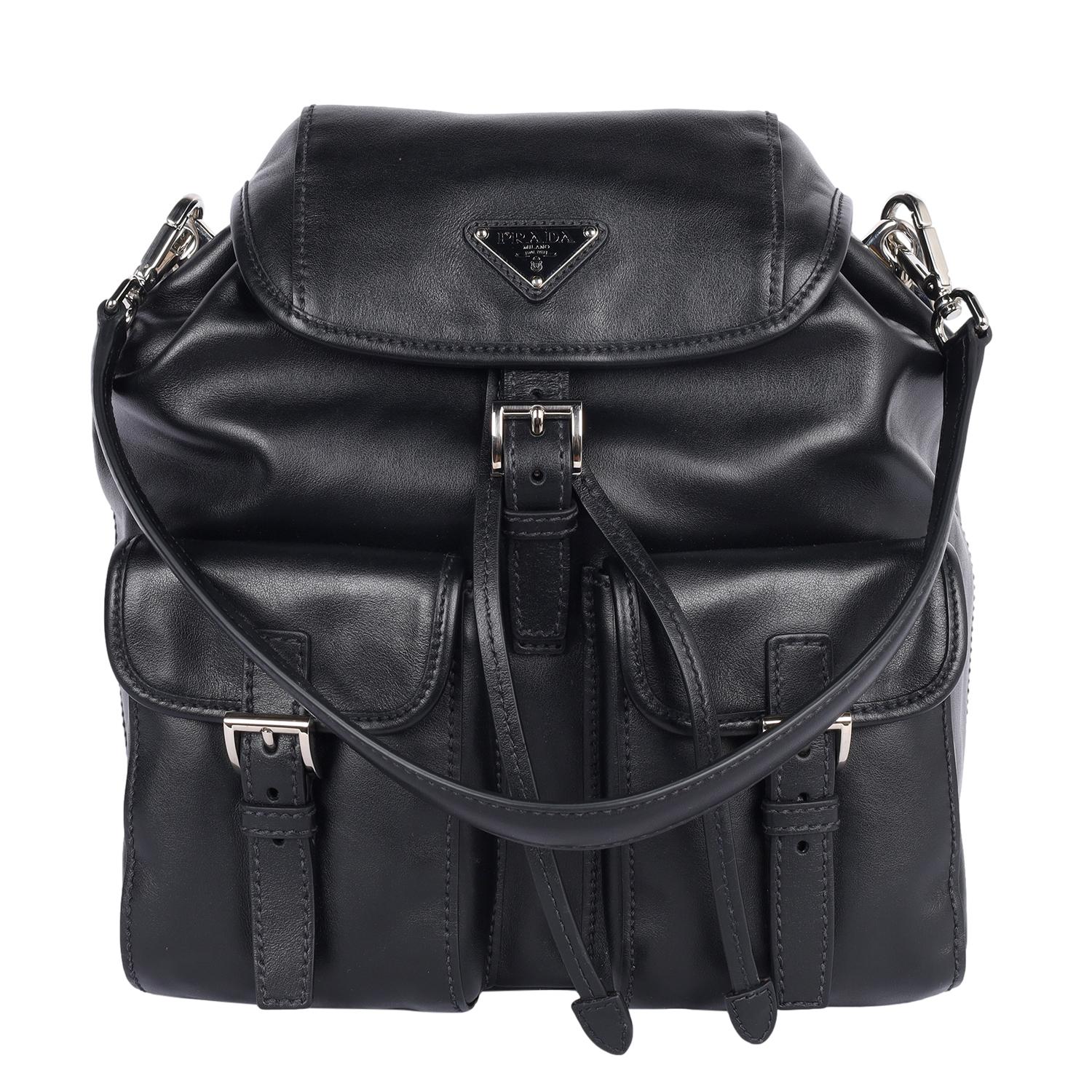 PRADA Leather Double Pocket Drawstring Shoulder Bag Black For Sale 3