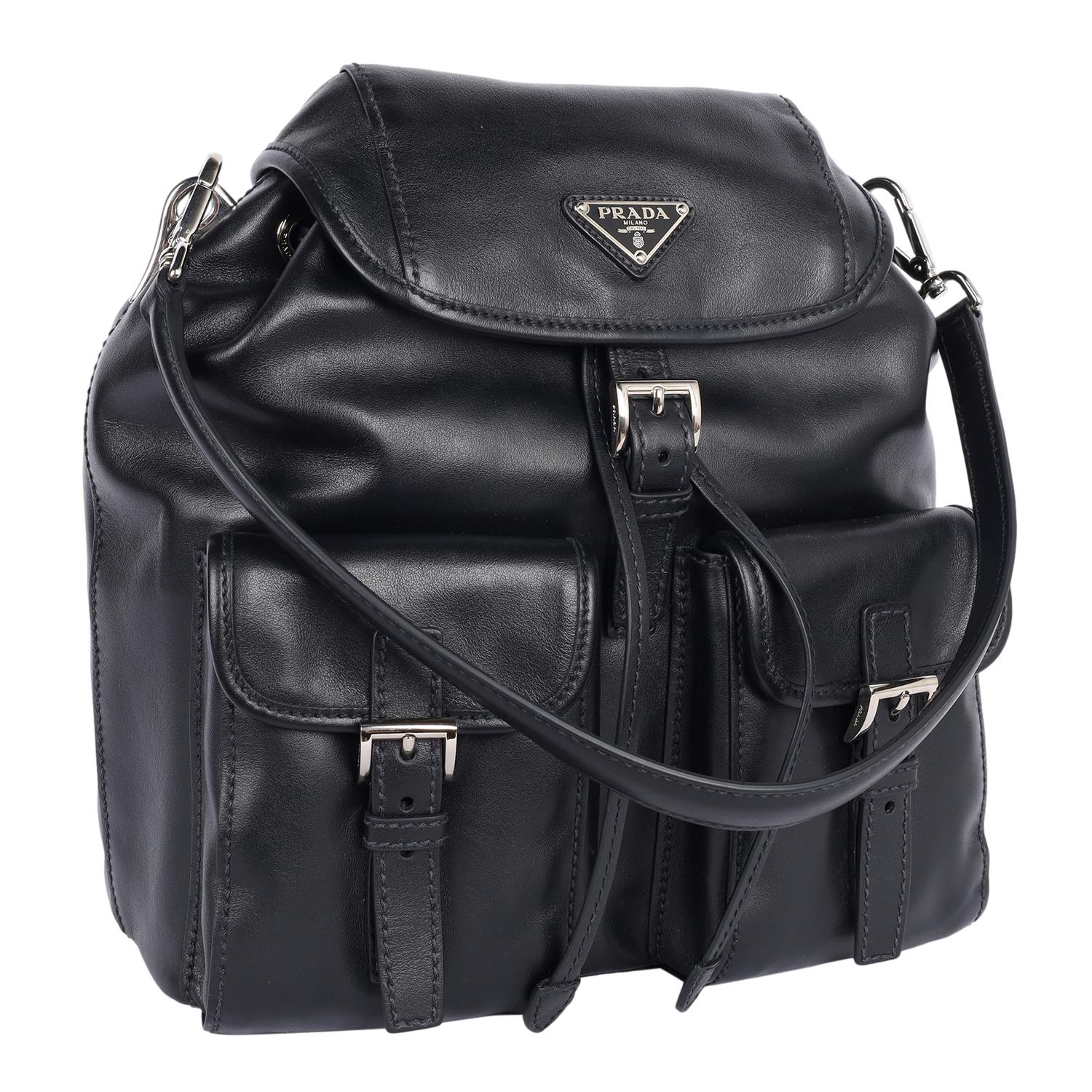 PRADA Leather Double Pocket Drawstring Shoulder Bag Black For Sale 4