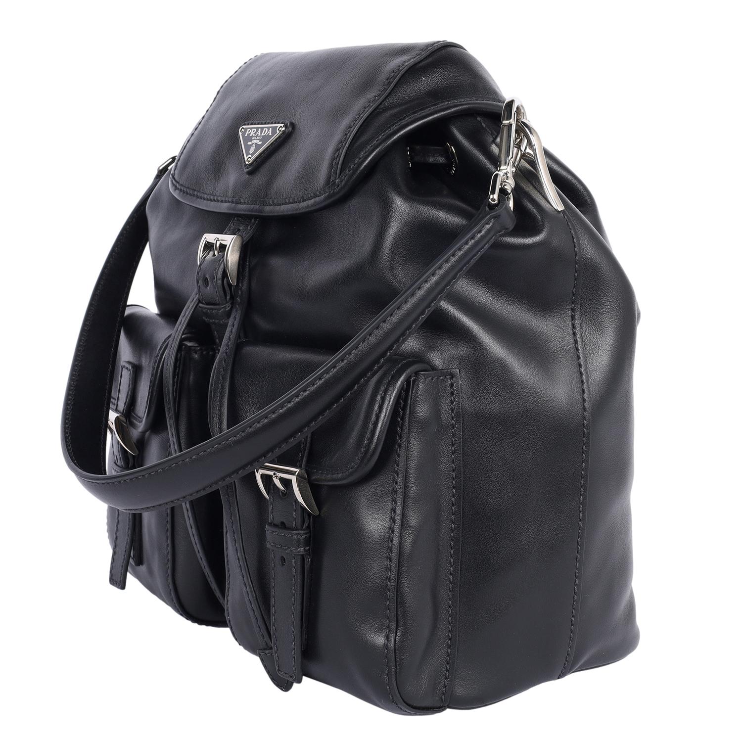 PRADA Leather Double Pocket Drawstring Shoulder Bag Black For Sale 5