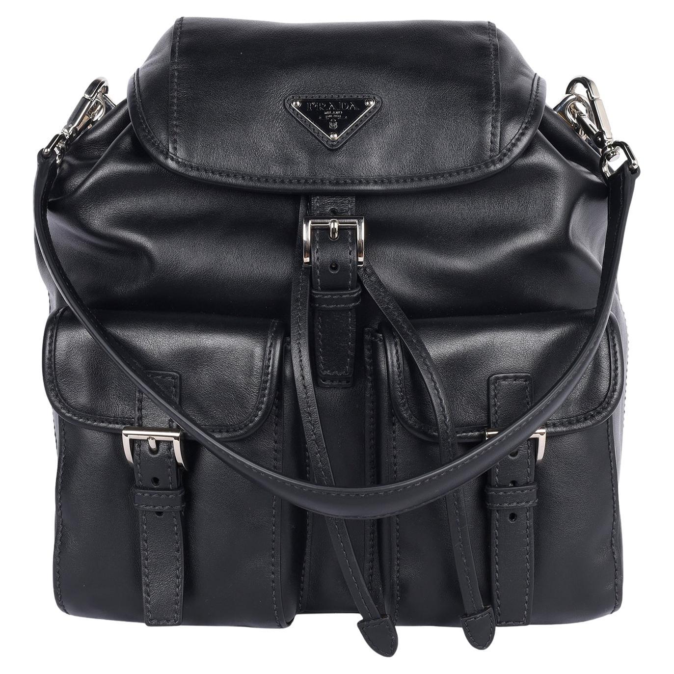 PRADA Leather Double Pocket Drawstring Shoulder Bag Black For Sale