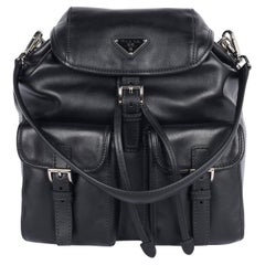PRADA Leather Double Pocket Drawstring Shoulder Bag Black