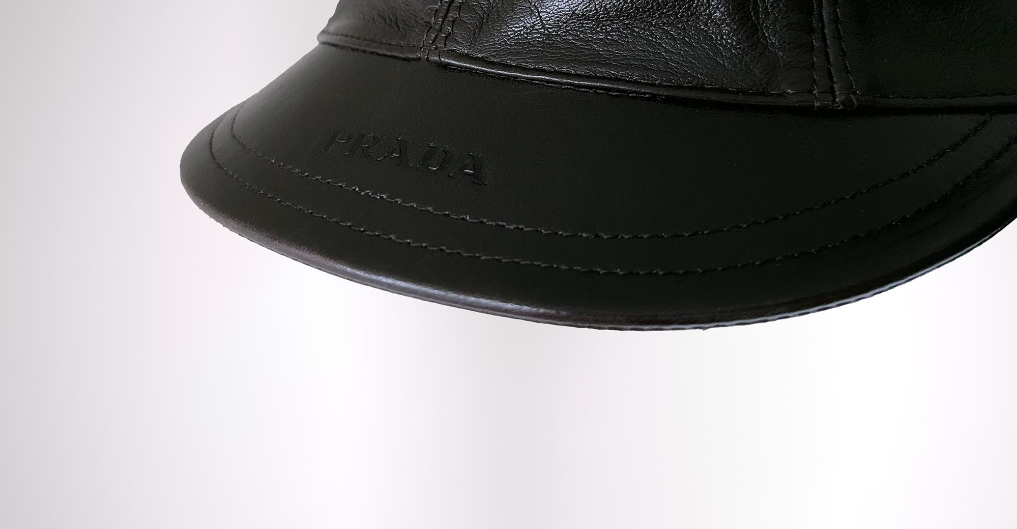 Black PRADA Leather Hat Rare Cap Visor Equestrian Aviator For Sale