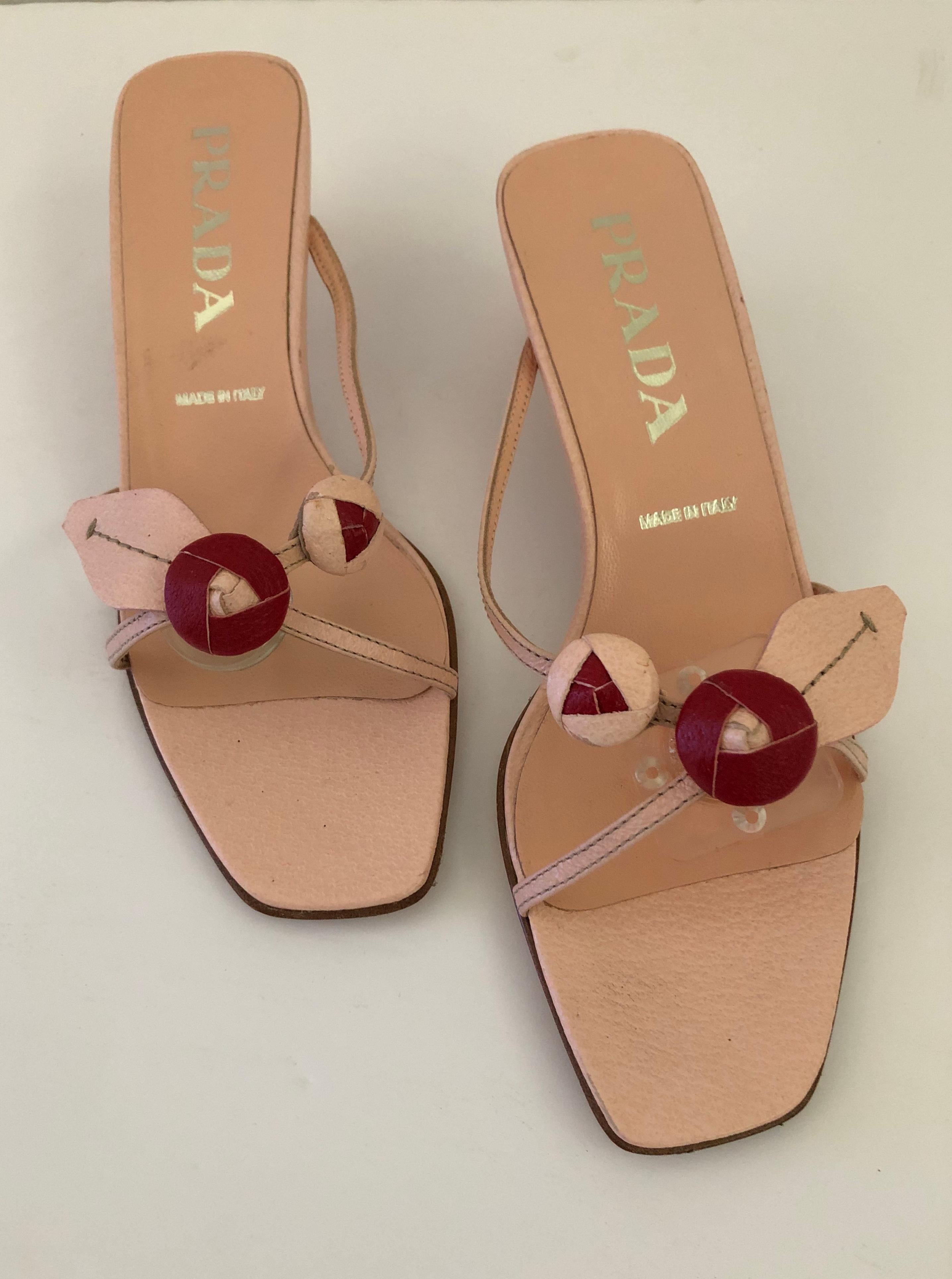 Prada handmade pink and red leaf and berry handmade vintage unworn Sandals, size 36 US size 6 with original partial label, made in Italy. Beautiful detail.
