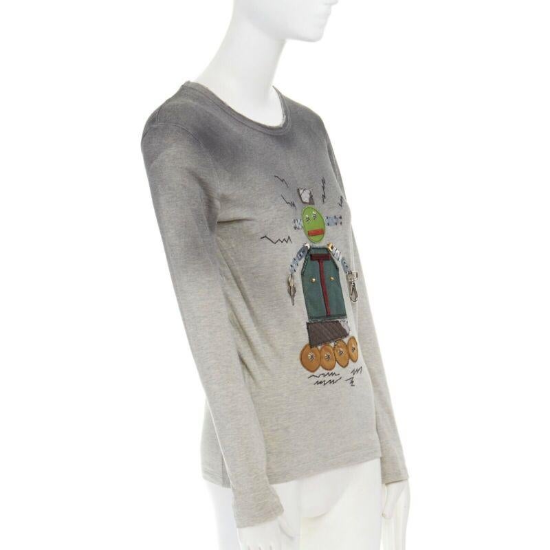 Gray PRADA leather robot hardware embellished grey gradient long sleeve top XS For Sale