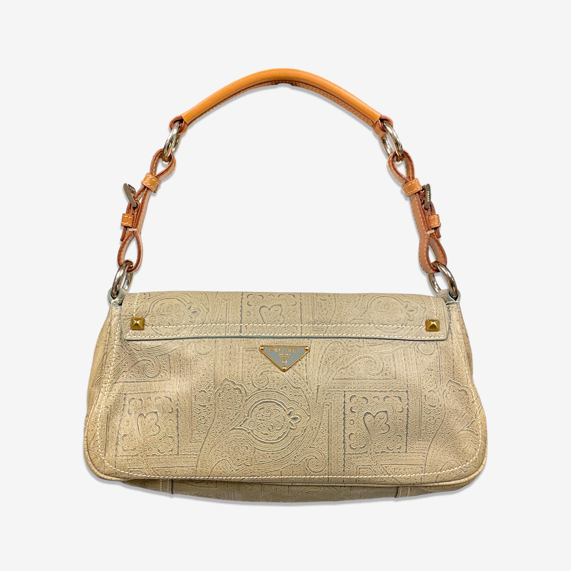 Prada Leather Shoulder Bag F/W 2004

F/W 2004

With original dustbag and card.

Measures: 30 x 16 cm

Materials: Line made of soft buffalo hide that has been tanned using traditional methods and impressed in bas-relief to obtain a distinctive