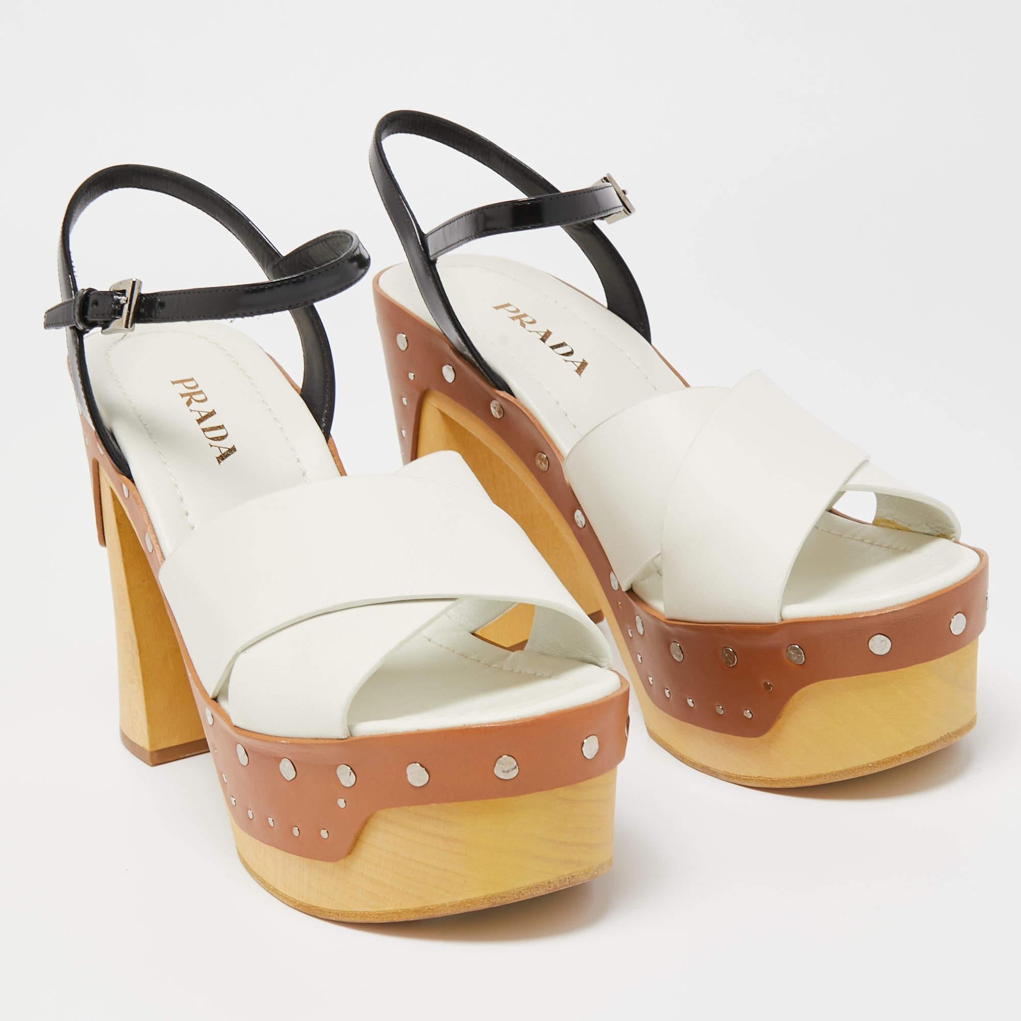Beige Prada Leather Studded Platform Block Heel Ankle Strap Sandals Size 40 For Sale