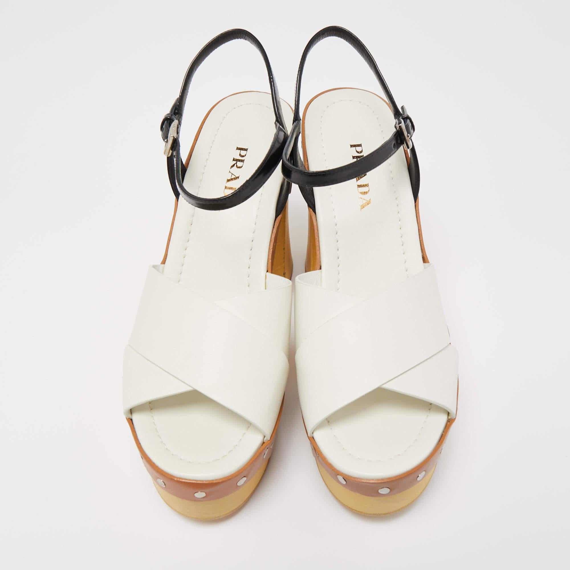 Women's Prada Leather Studded Platform Block Heel Ankle Strap Sandals Size 40 For Sale