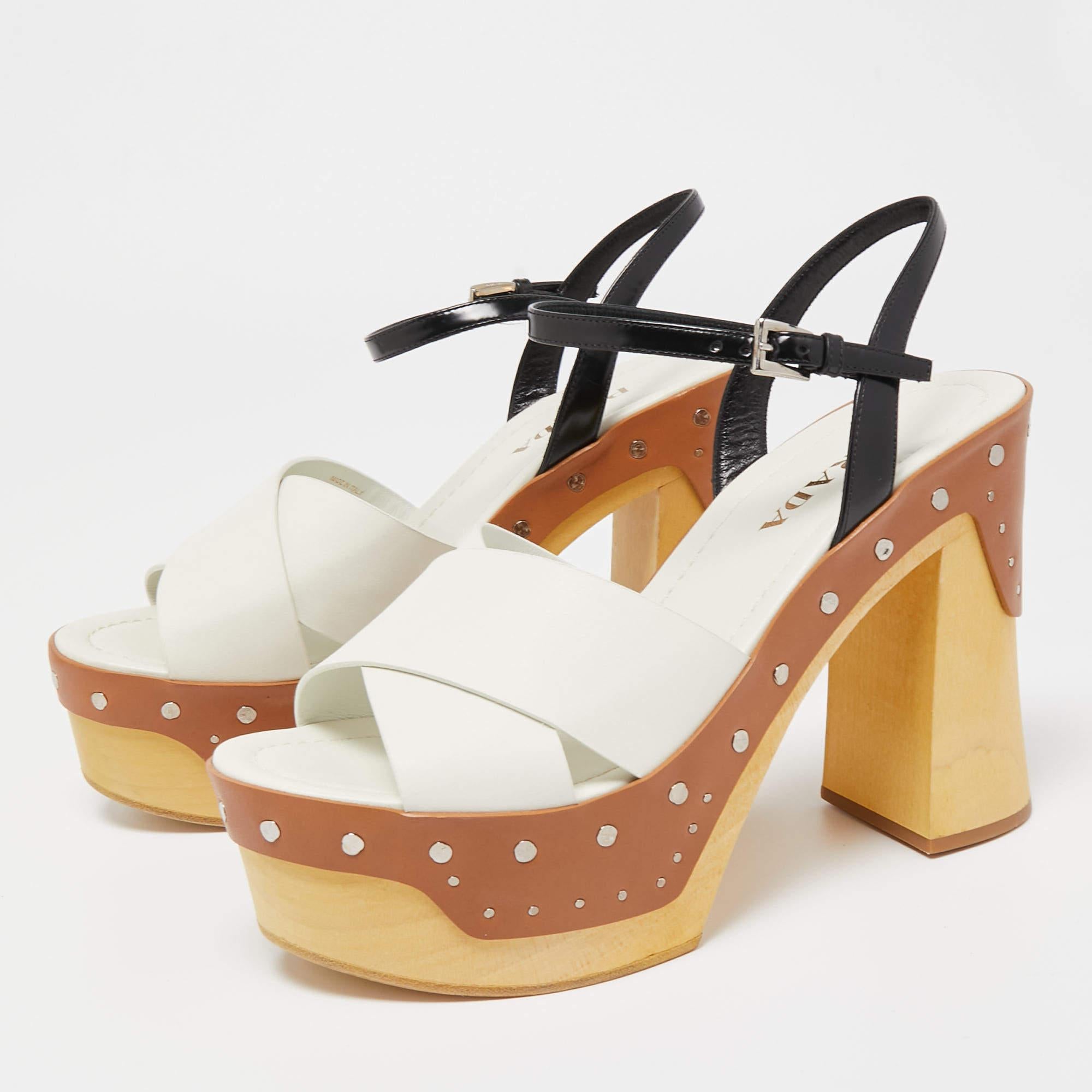 Prada Leather Studded Platform Block Heel Ankle Strap Sandals Size 40 For Sale 1