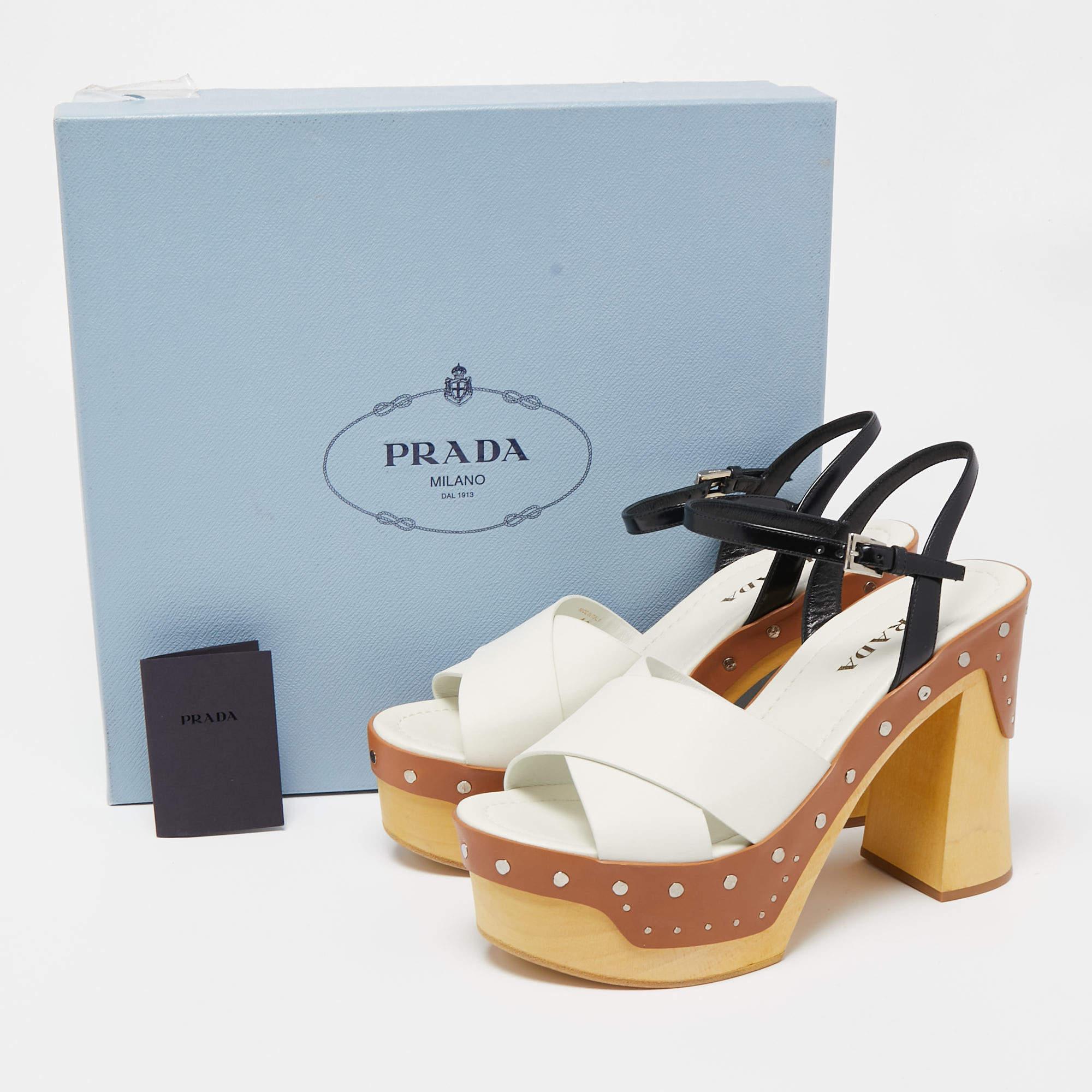 Prada Leather Studded Platform Block Heel Ankle Strap Sandals Size 40 For Sale 4