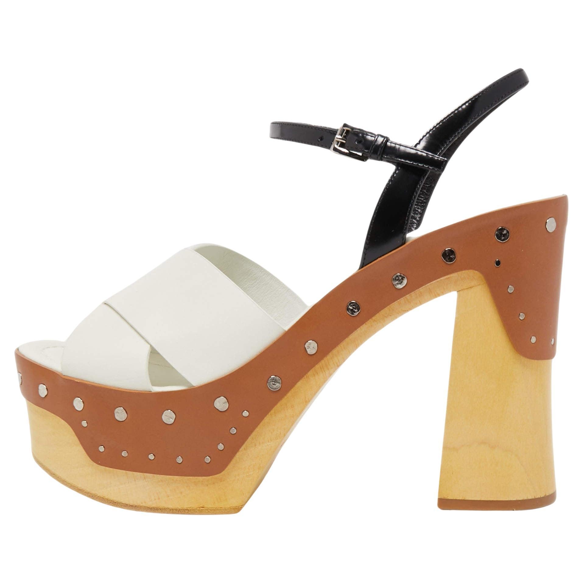 Prada Leather Studded Platform Block Heel Ankle Strap Sandals Size 40 For Sale