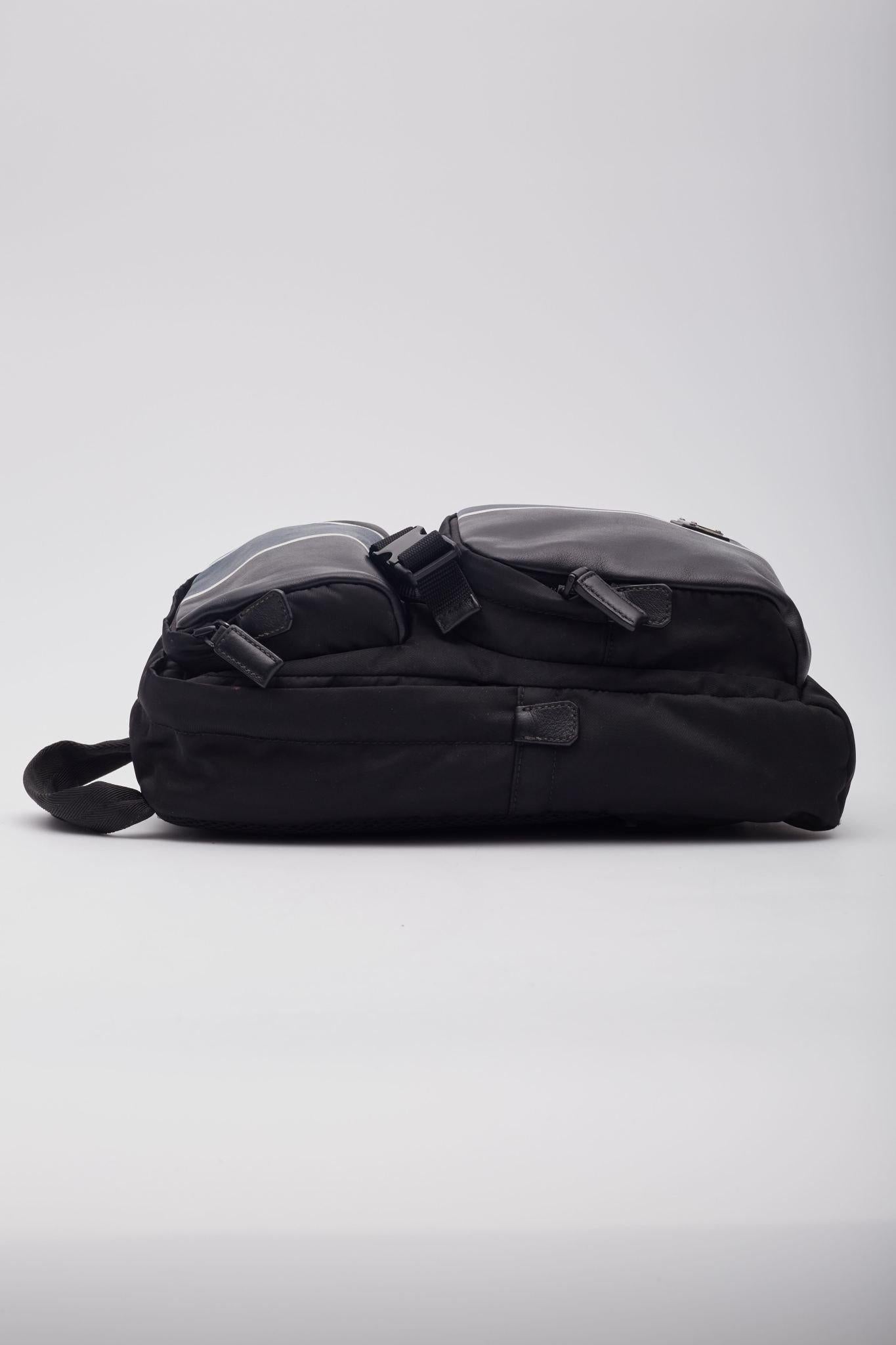 Prada Leather & Tessuto Nylon Black Blue Sling Backpack For Sale 1