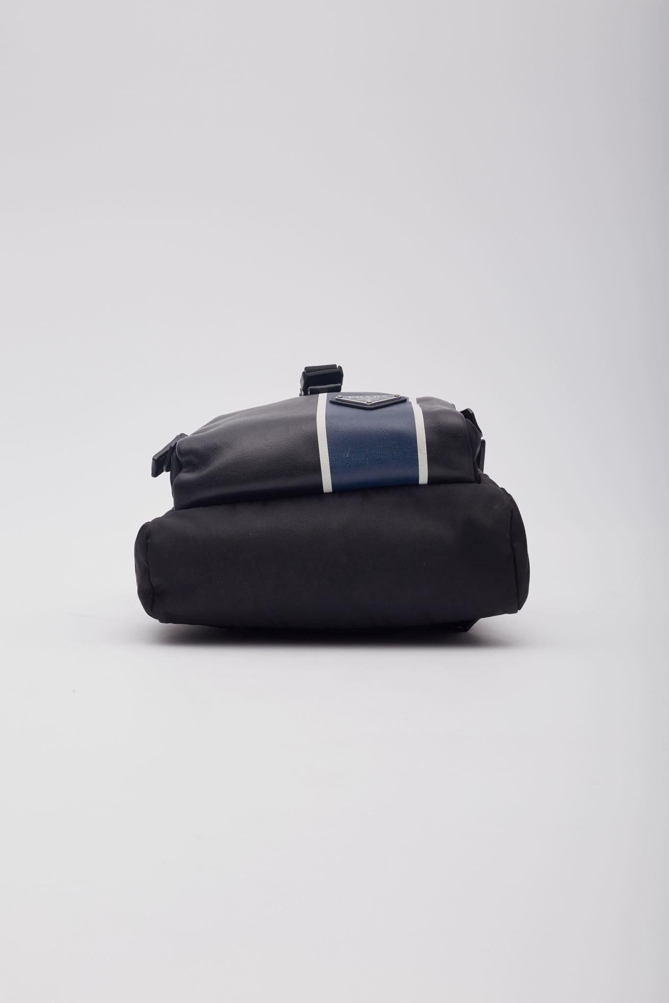 Prada Leather & Tessuto Nylon Black Blue Sling Backpack For Sale 2